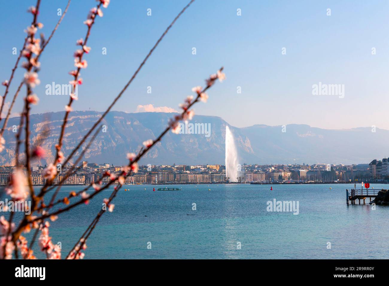 Genf, Schweiz - 25. März 2022: Malerischer Blick vom Genfer See an der Bucht von Genf, dem französischen Teil der Schweiz. Stockfoto