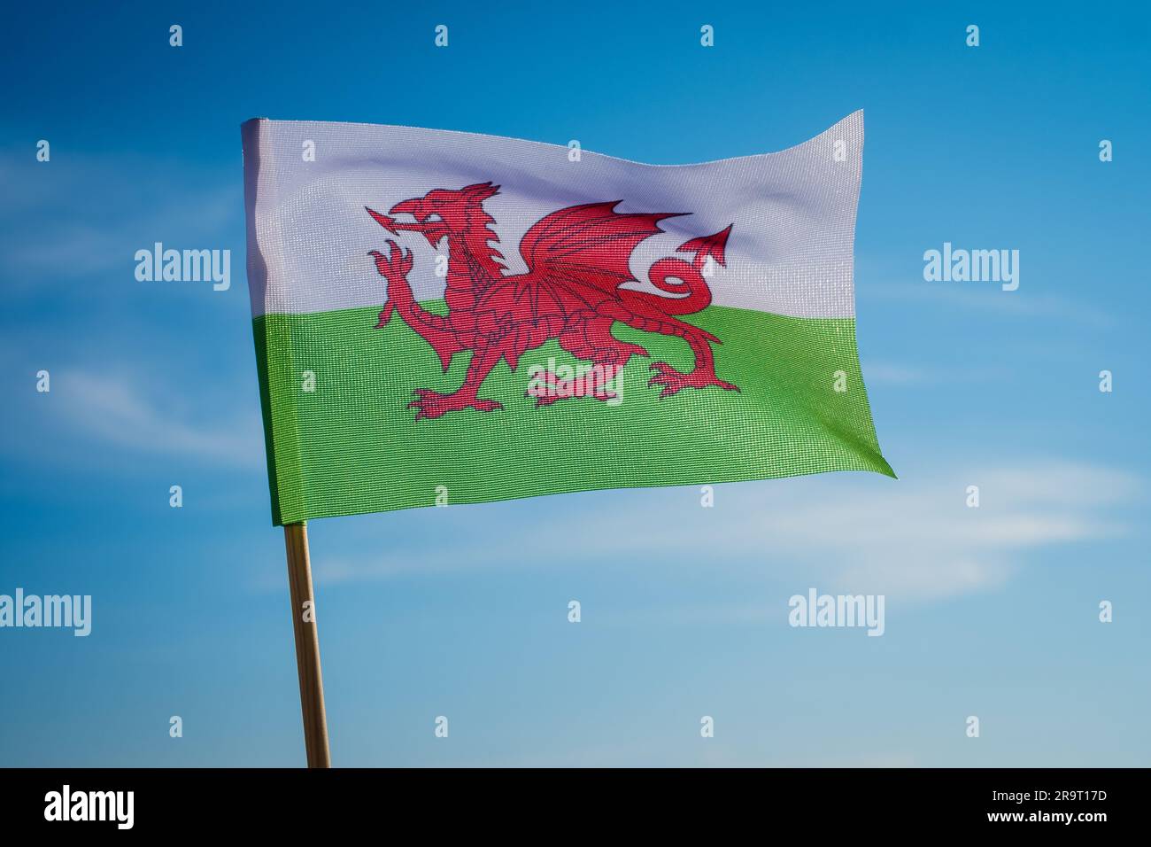 Flagge von Wales auf blauem Himmelshintergrund. Stockfoto