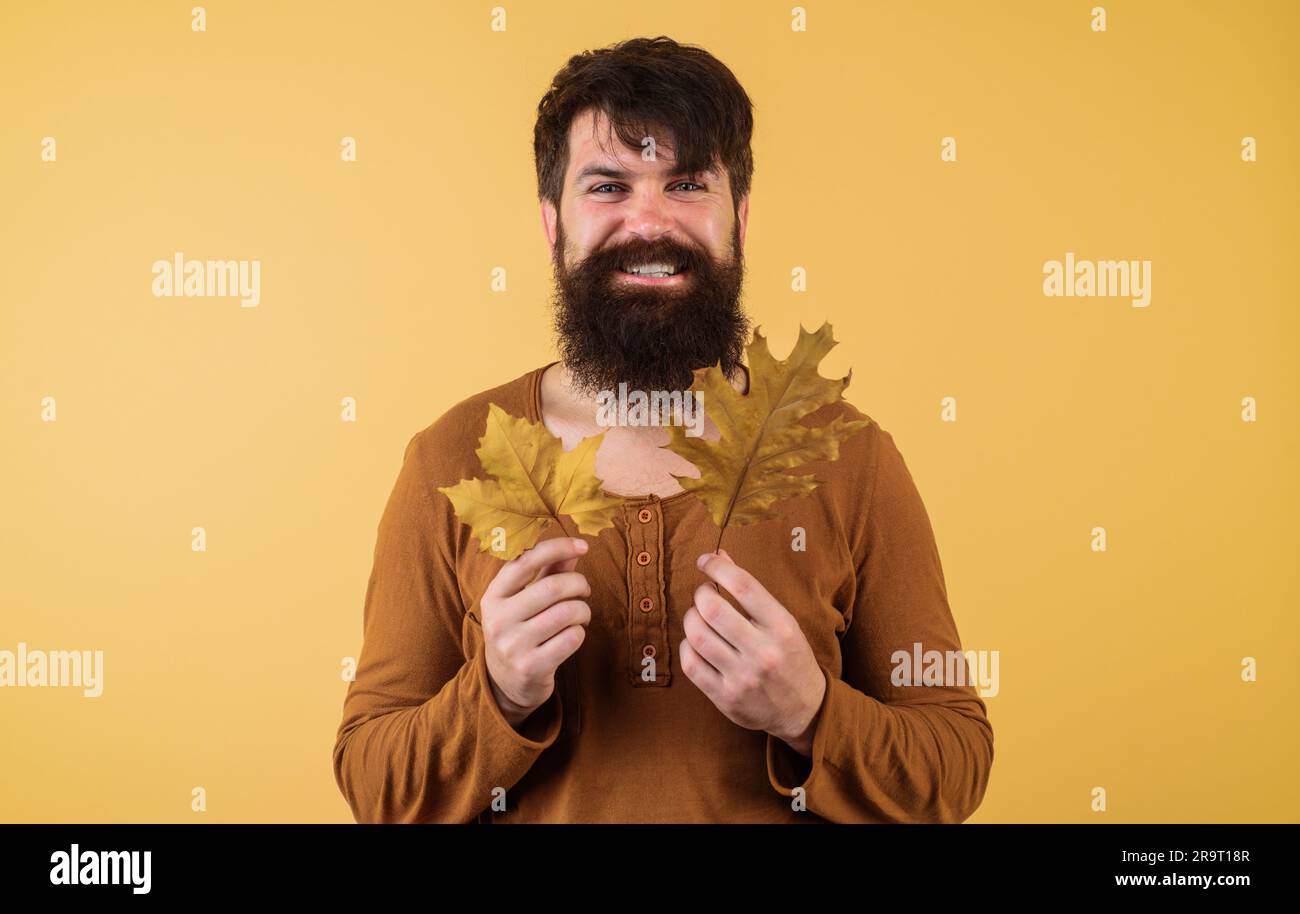Herbstzeit. Lächelnder Mann mit goldenem Herbstblatt. Herbstkleidung für Herren. Saisonale Mode. Männermode. Herbstverkäufe. Rabatt. Gut aussehender Bart Stockfoto