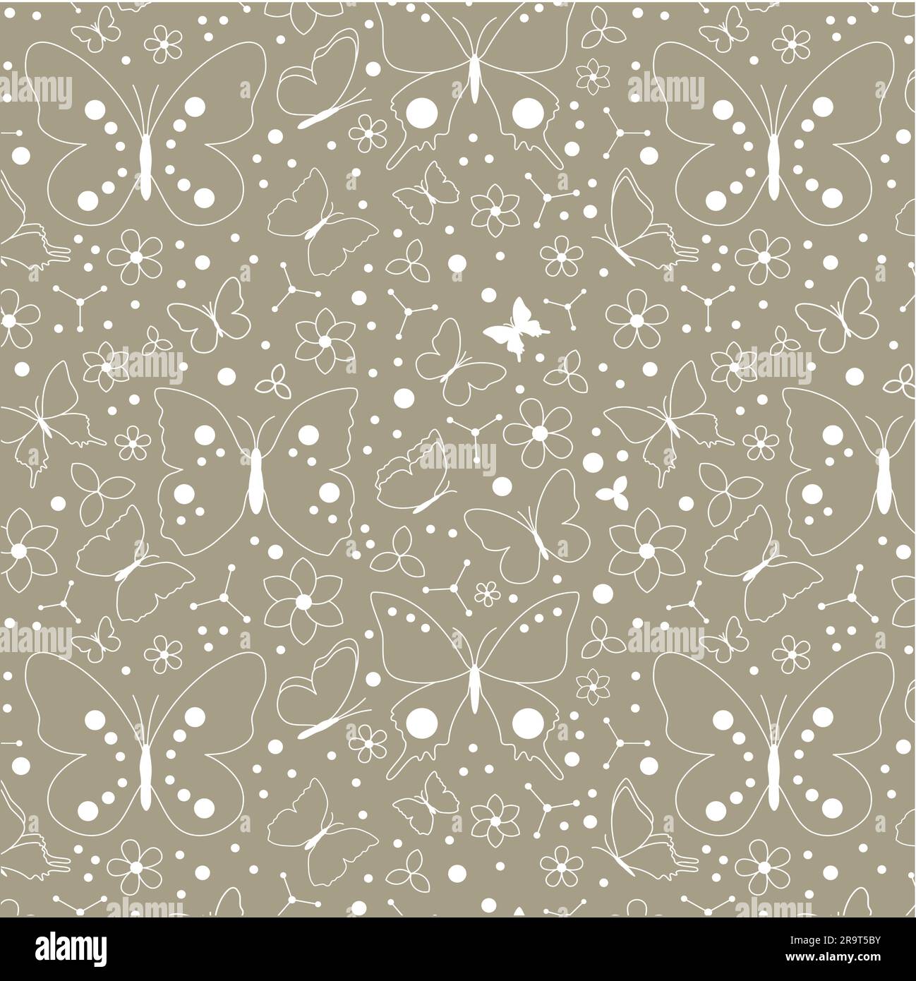 Nahtloses Muster mit fliegenden Konturen dekorative Schmetterlinge, Blumen und Punktmuster Weiß isolierte Illustration auf farbigem Hintergrund Stock Vektor