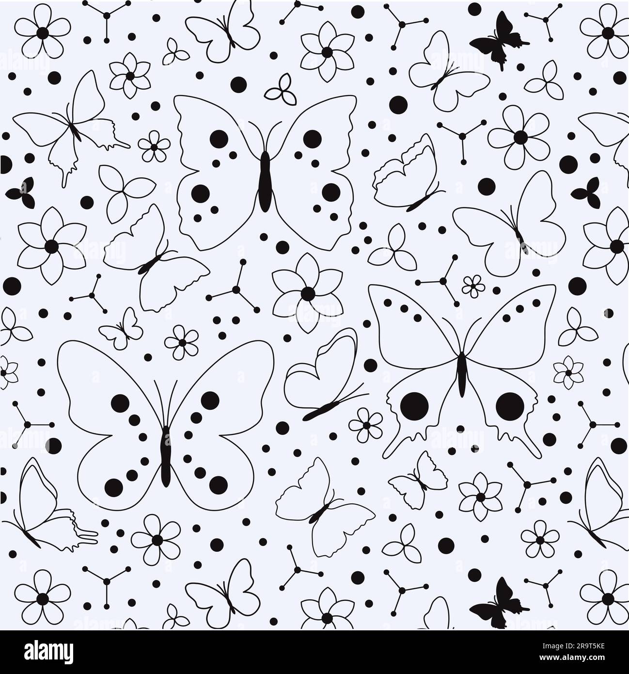 Nahtloses Muster mit fliegenden Konturen dekorative Schmetterlinge, Blumen und Punktmuster Weiß isolierte Illustration auf farbigem Hintergrund Stock Vektor