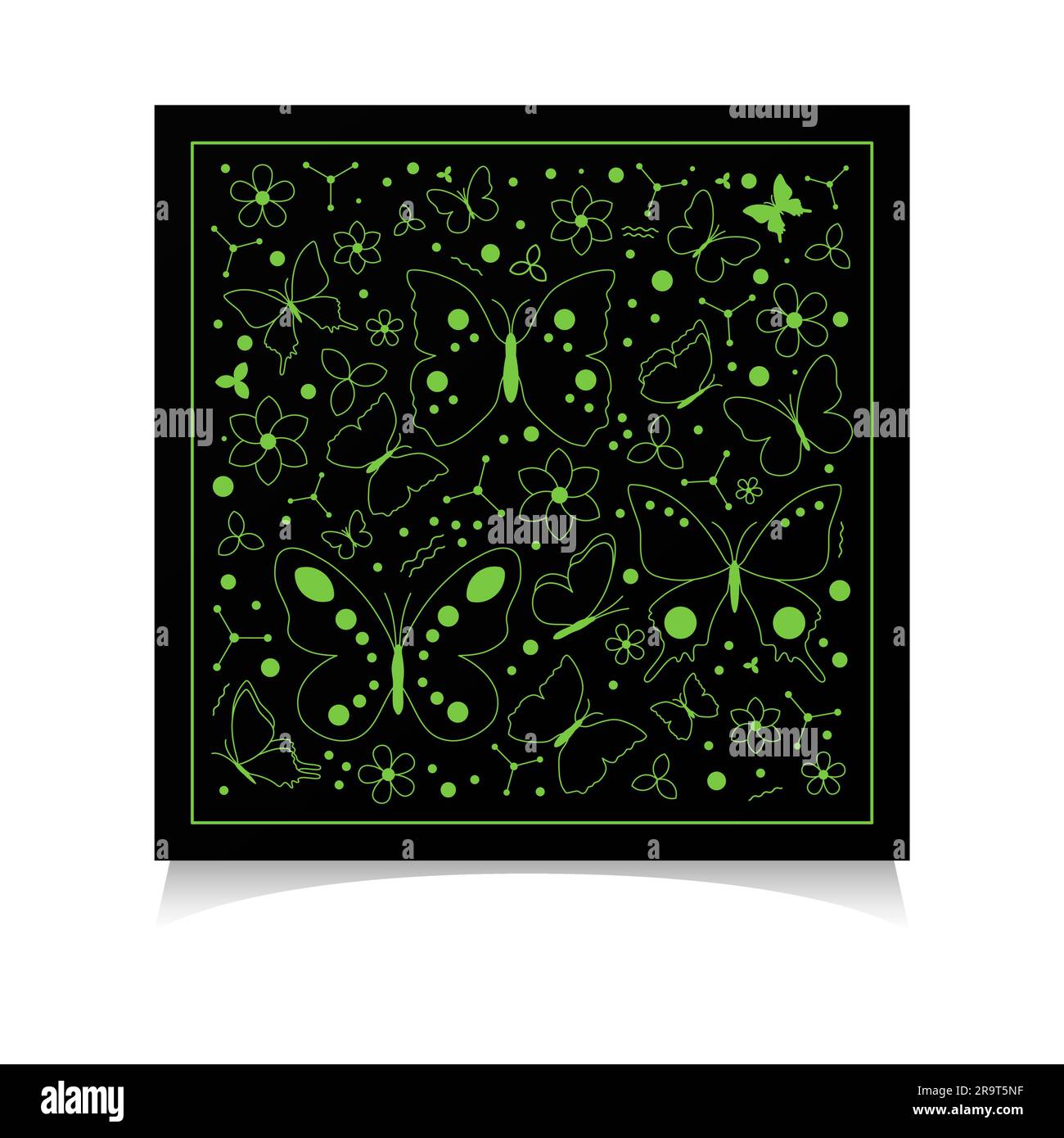Muster mit fliegenden Konturen dekorative Schmetterlinge, Blumen und Punktmuster Grüne Neonfarbe auf schwarzem Hintergrund nahtloser Bandana-Design Quadrat-Vektor Stock Vektor