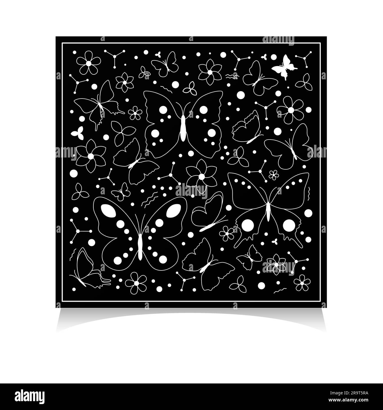 Muster mit fliegenden Konturen dekorative Schmetterlinge, Blumen und Punktmuster Weiß auf schwarzem Hintergrund nahtloses Bandana-Design quadratische Vektor-Illustratio Stock Vektor