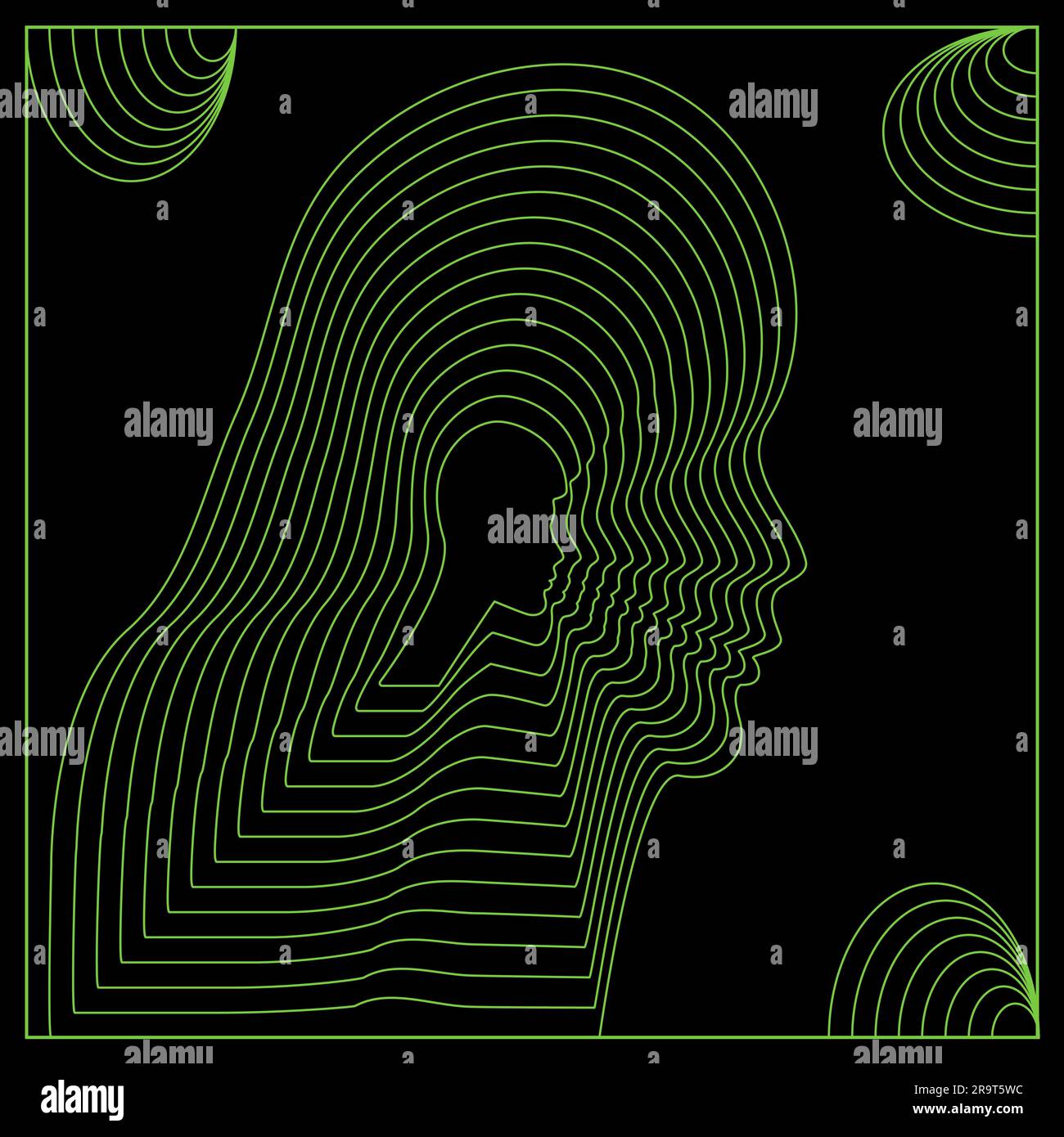 Abstrakte Neon-Silhouette des menschlichen Kopfes, bestehend aus Drahtmodelllinien. Leuchtende Struktur. Futuristisches Retro-Designelement. Psychedelische Vektordarstellung Stock Vektor