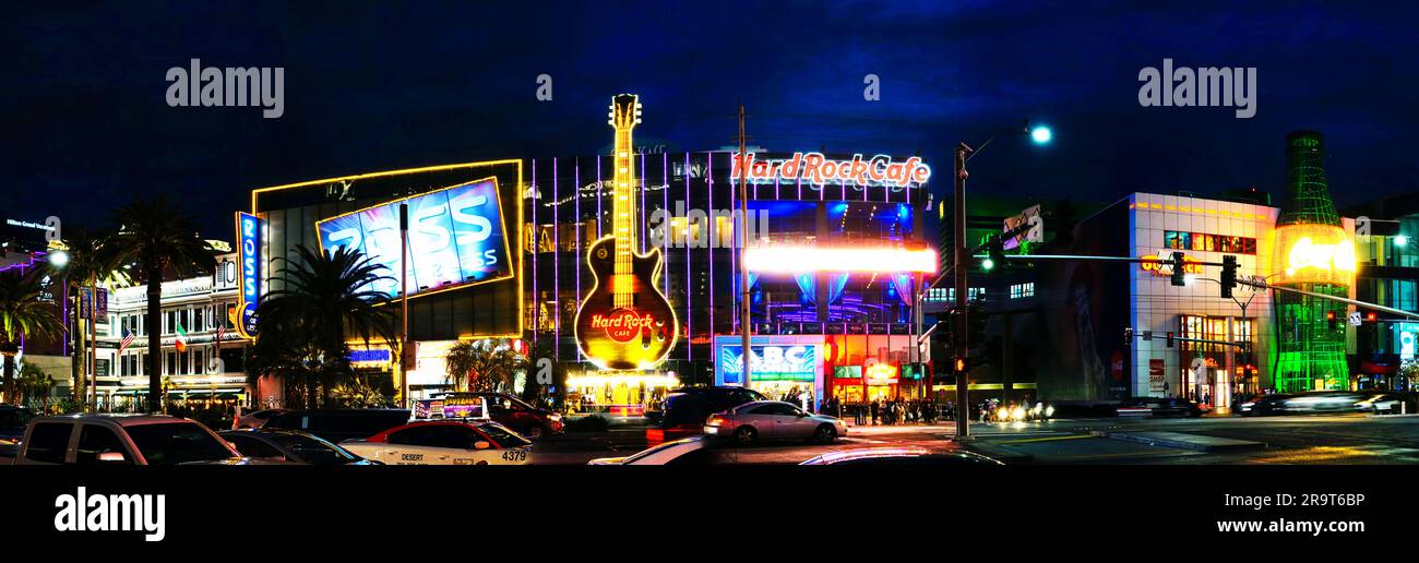 Farbenfrohes Neon des Hard Rock Cafe auf dem Strip, Las Vegas, Nevada, USA Stockfoto