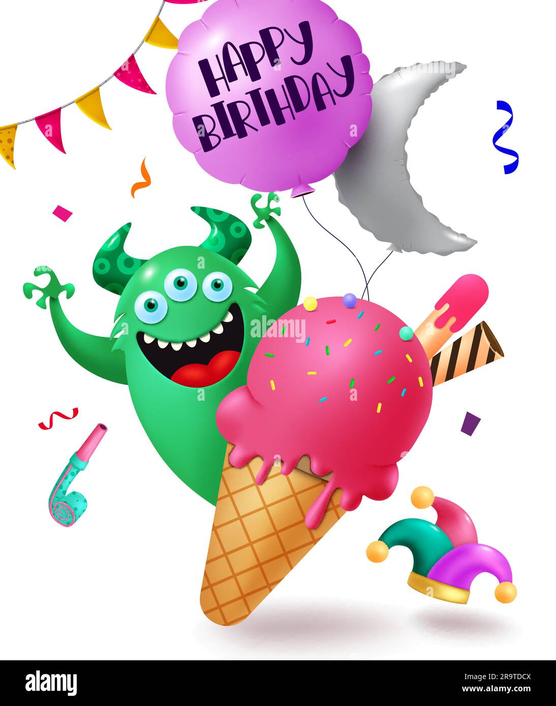 Happy Birthday Text Vector Design. Monster-Geburtstagsfigur mit Erdbeereis und fliegenden Ballons Dekorationselementen. Vektordarstellung Stock Vektor