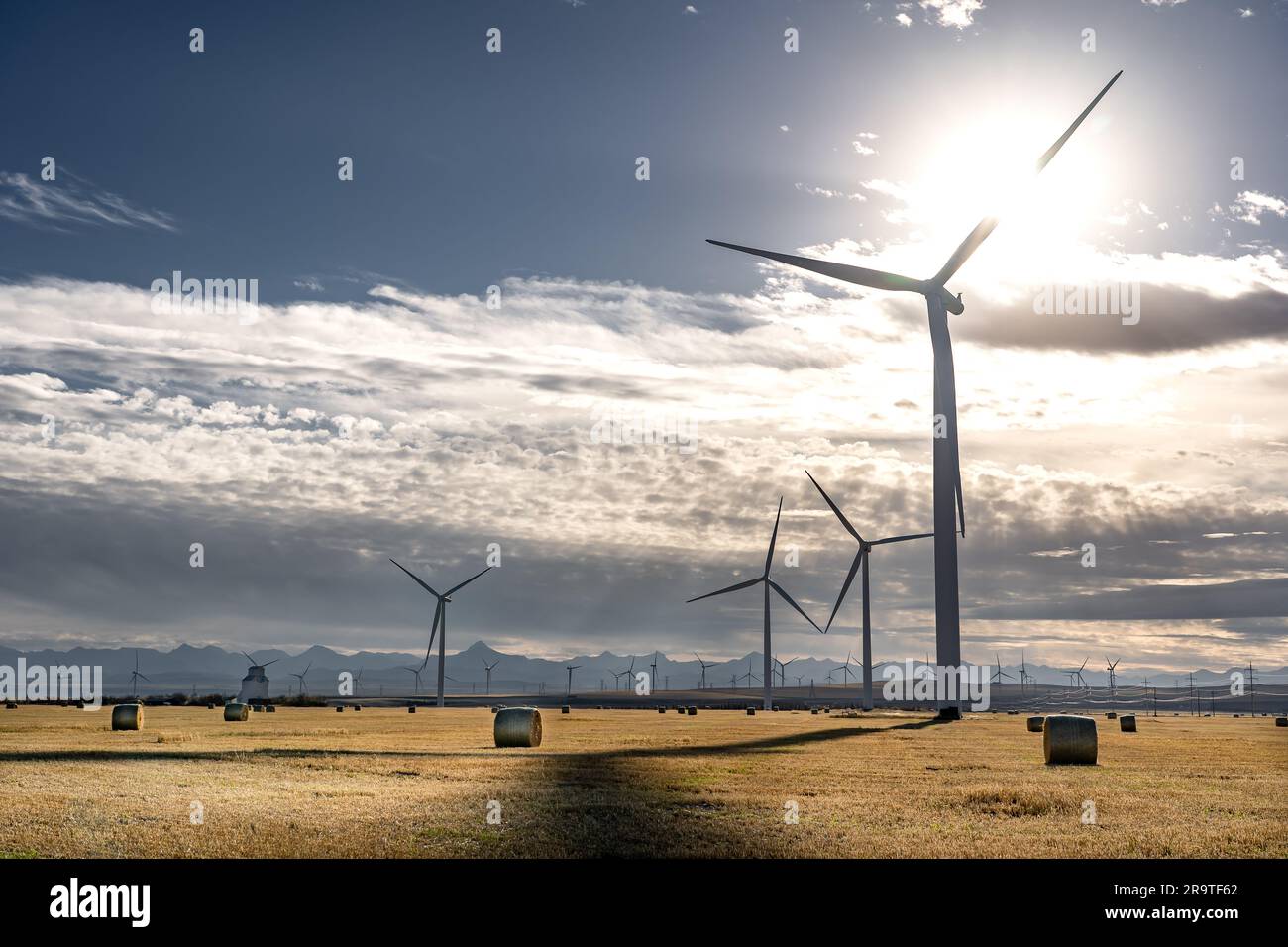 Windmühlen-Sillhouette mit Blick auf ein geerntetes Feld und runden Heuballen in den kanadischen Prärien in der Nähe von Pincher Creek, Alberta. Stockfoto