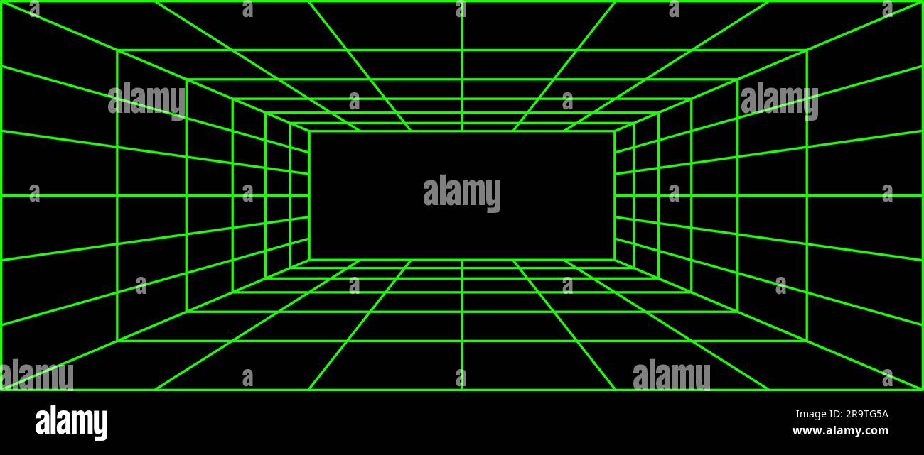 Grüner Neon-Drahtmodell-Rasterraum. perspektivischer 3D-Hintergrund. Futuristischer digitaler Umriss. Geometrisches Design. Darstellung der Vektorvorlage Stock Vektor