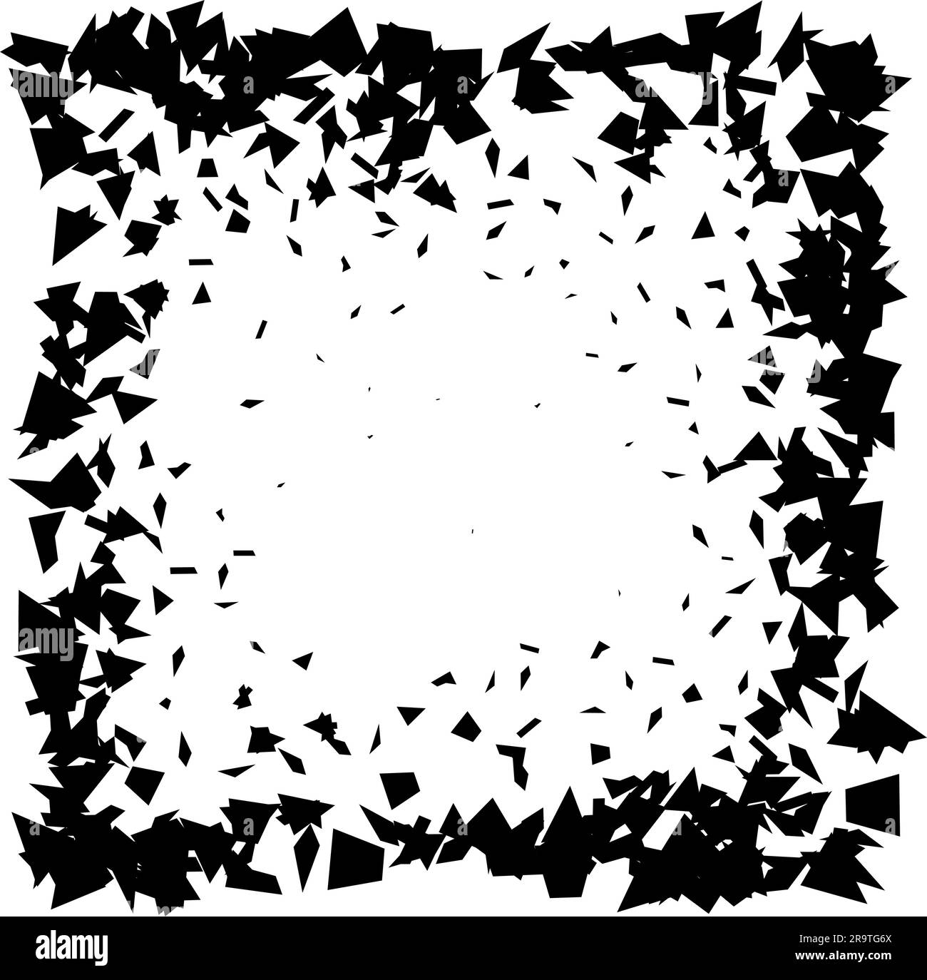 Trümmer und Bruchstellen in quadratischer Form. Schwarze Bruchteile, Flecken, Flecken, Partikel, Schüttelfrost. Abstrakte Explosion und geplatztes, texturiertes Rechteckelement. Darstellung des Vektorrahmens Stock Vektor