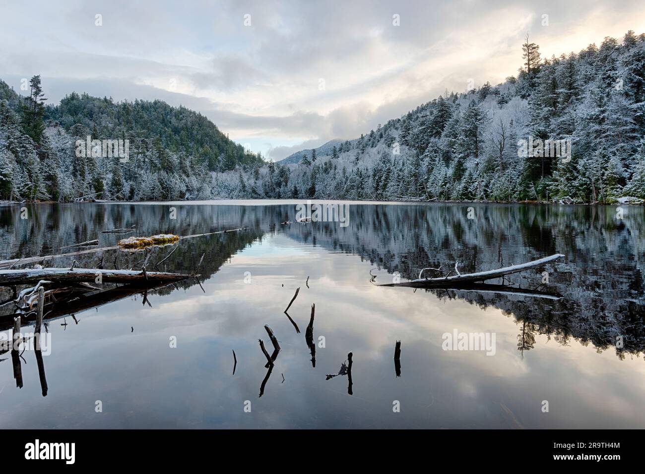Frühe Winterüberlegungen im Winch Pond, Adirondack Mountains, New York, USA Stockfoto