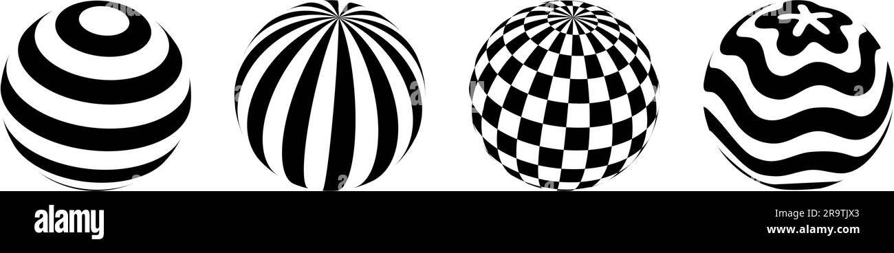 Sammlung von Kugeln mit unterschiedlichen Mustern. Gestreiftes, kariertes und winkendes 3D-Bälle-Set. Schwarz-weiße geometrische Elemente für Designvorlagen, Symbole, Logo. Abstrakte Vektorkugeln. Stock Vektor