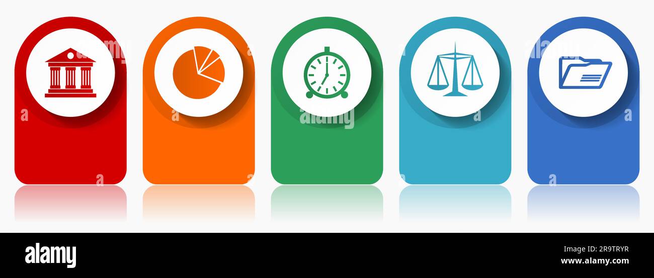 Symbolsatz für den Bildungsbereich, verschiedene Vektorsymbole wie Architektur, Diagramm, Uhr, Waagen und Ordner, Infografik-Vorlage mit modernem Design, Web-Schaltflächen Stock Vektor