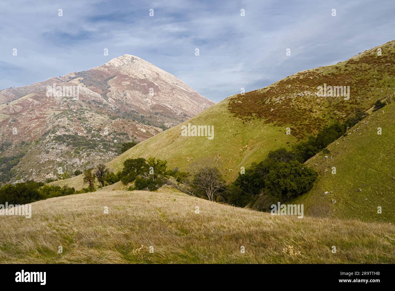 Kalifornische Berge nahe der Küste unter blauem Himmel mit weißen Wolken. Stockfoto