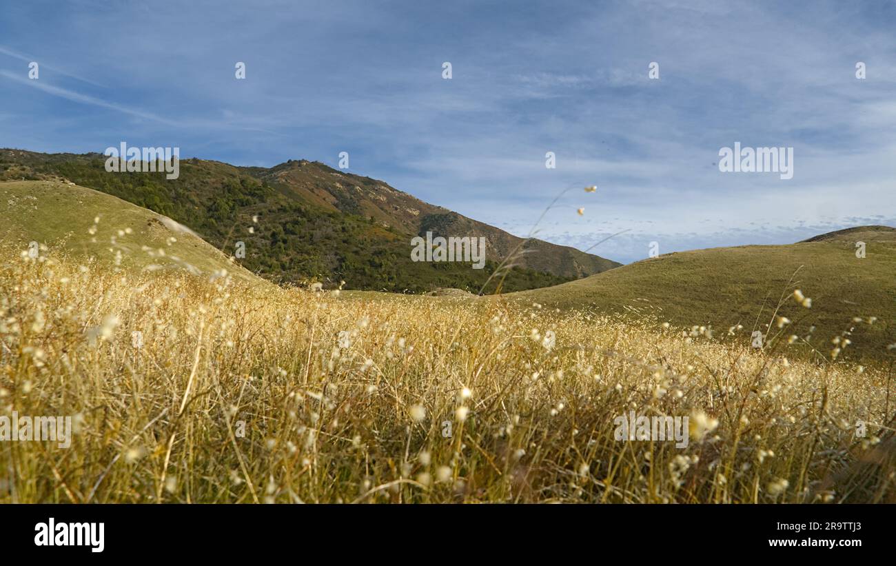 Kalifornische Berge in der Nähe der Küste unter blauem Himmel mit Weiß Stockfoto