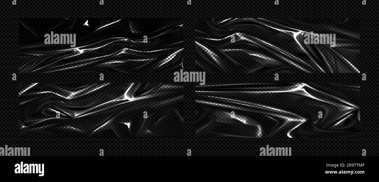 Schwarzer Kunststoff-Überzug. Vektorrealistische Darstellung der Polyethylen-Wickelstruktur, Hintergrund aus Stretchfolie mit zerknitterter Oberfläche, Zellophan-Verpackung, zerknittertes Glanzpapier, Lackleder Stock Vektor