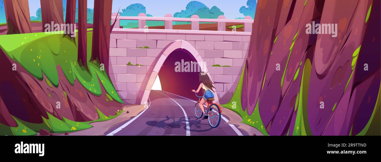 Mädchen fahren Fahrrad auf dem Tunnel Eingang Straße Cartoon. Abbildung des Schnellverkehrs auf der Mountain Freeway. Weibliches Charakterrad auf unterirdischer Route, Perspektivenansicht. Backsteinbrücke auf einem Hügel mit Bogen Stock Vektor