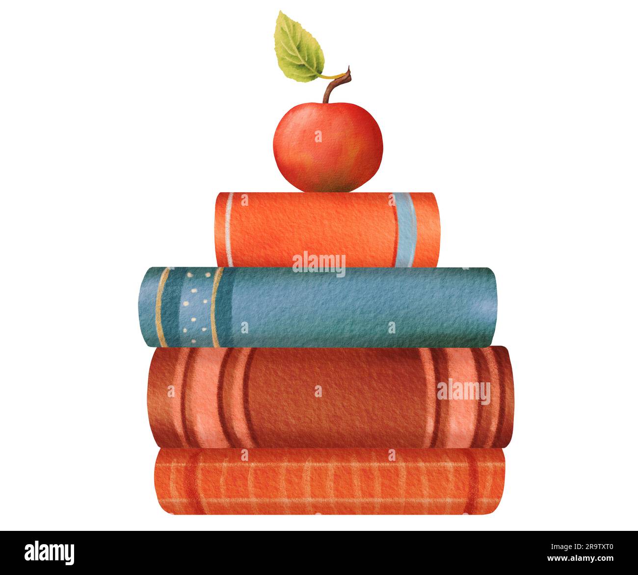 Komposition zurück zur Schule. Ein Haufen bunter Bücher. Mit einem Apfel. Wissen, Lernen, Lehrbücher. Komfort, Lesen, Bildung. Aquarelle Hand Stockfoto