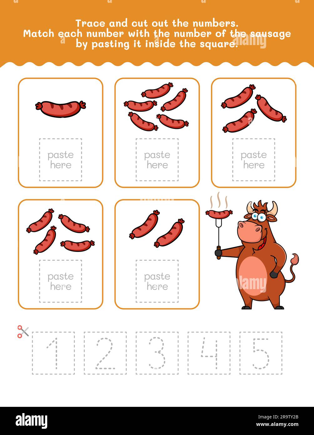 Arbeitsblatt Zur Nachverfolgung Von 1 Bis 5 Zahlen Und Wörtern. Arbeitsblatt Mit Wurstbildern Ausschneiden Und Einfügen. Hochwertiges Vektorelement. Stock Vektor