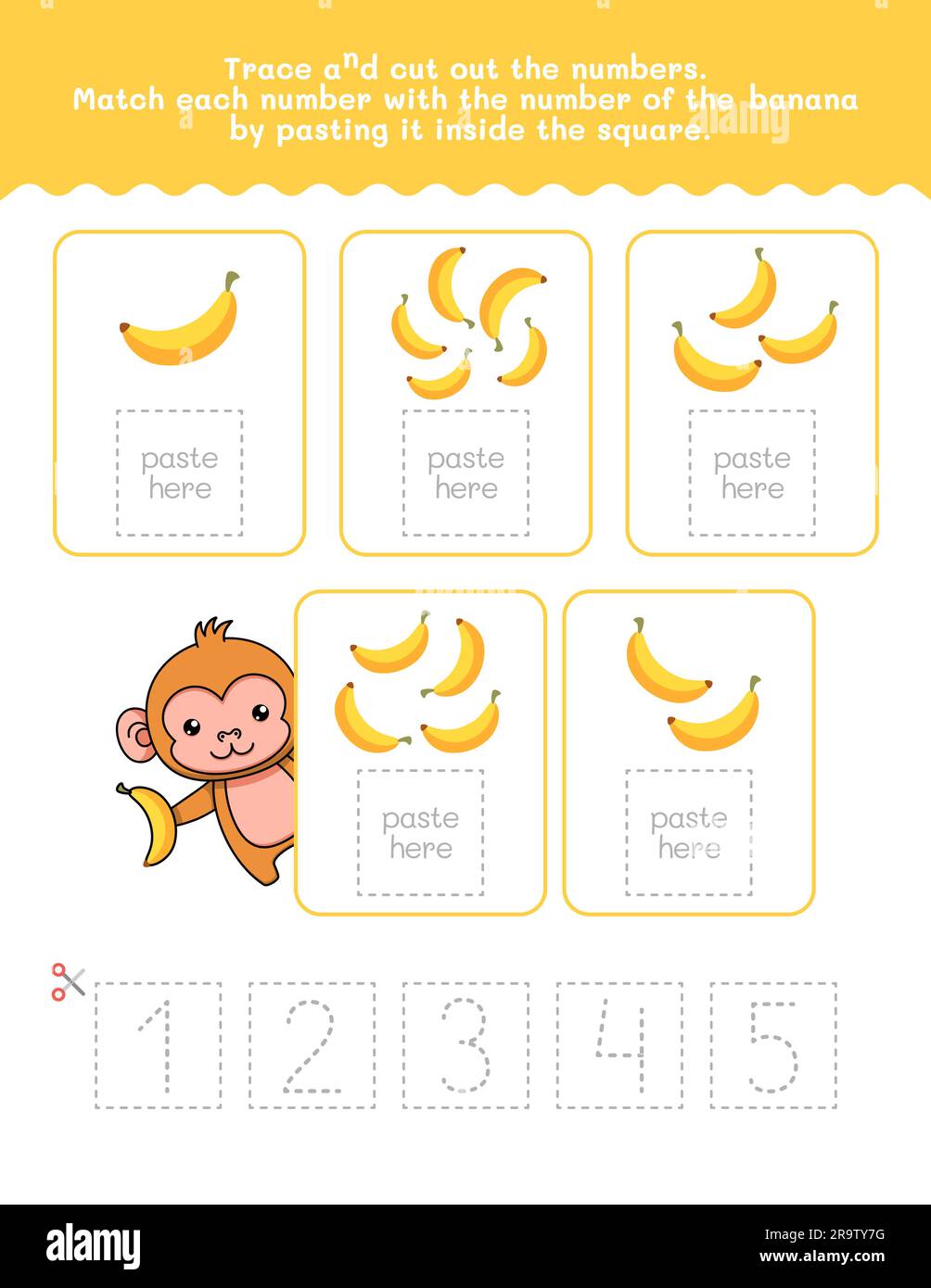 Arbeitsblatt Zur Nachverfolgung Von 1 Bis 5 Zahlen Und Wörtern. Arbeitsblatt Mit Bananenbildern Ausschneiden Und Einfügen. Hochwertiges Vektorelement. Stock Vektor