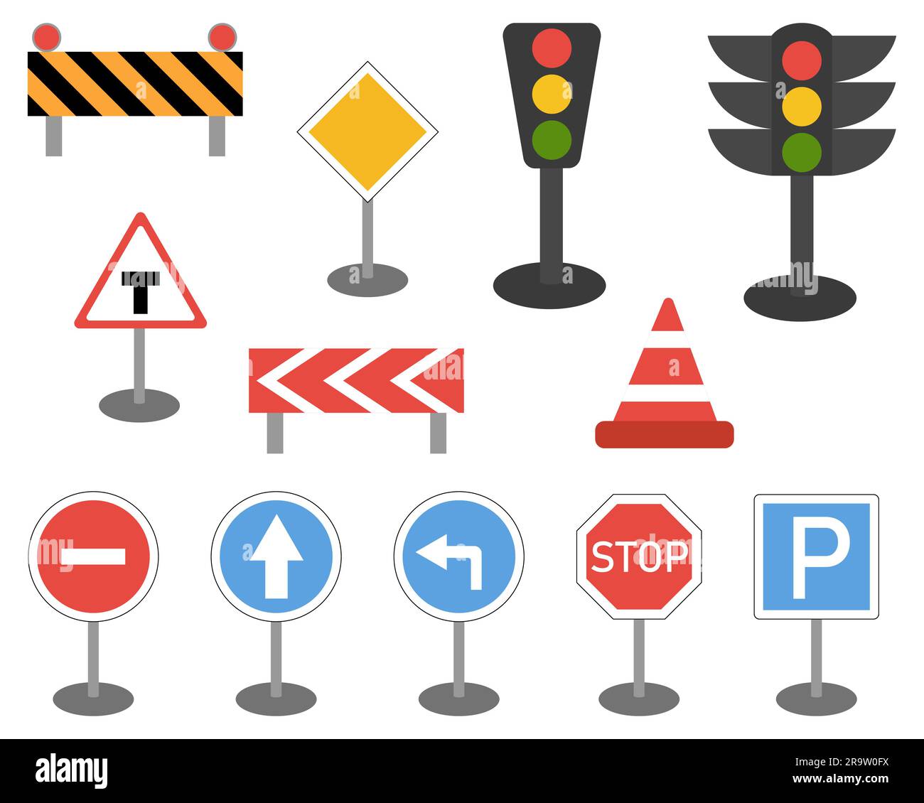 Eine Reihe von Verkehrsschildern und eine Ampel. Vektordarstellung auf weißem Hintergrund Stock Vektor