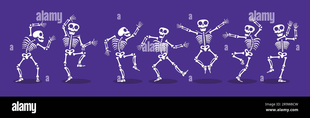 Skelette tanzen mit verschiedenen Positionen flaches Design Vektorbildungs-Set. Lustiger Tanz Halloween oder Day of the Dead Skeletons Sammlung. Stock Vektor