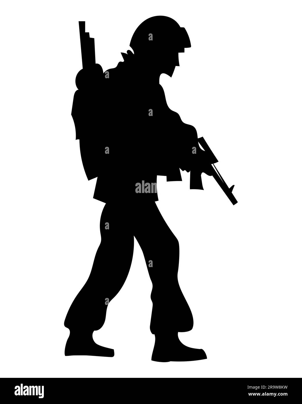 vektorsilhouette eines bewaffneten Soldaten mit einem Maschinengewehr Stock Vektor