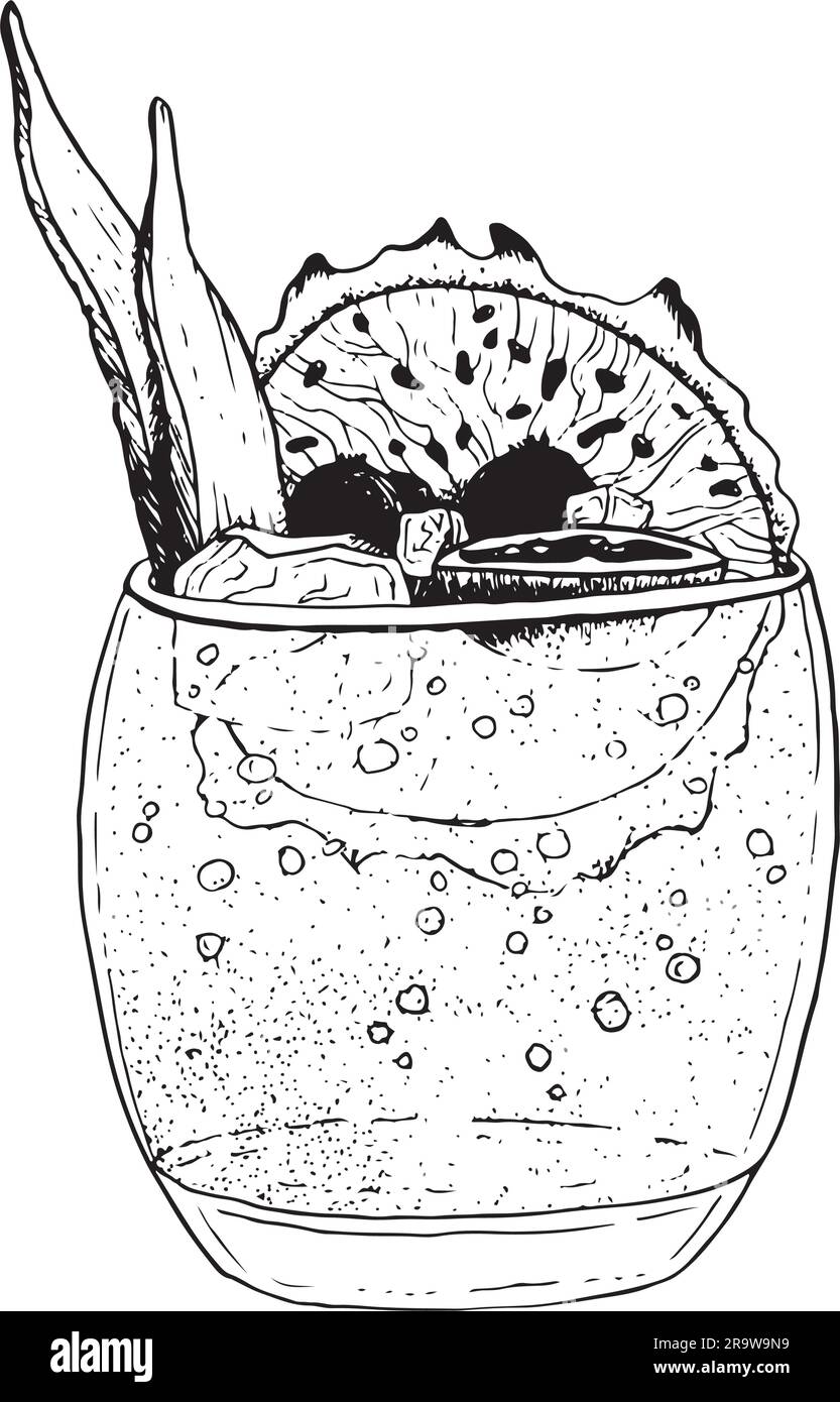 Sommercocktail oder Limonade mit Drachenfruchtscheibe, Beeren und Eiswürfeln, Vektorlinien, Abbildung des Menüs Stock Vektor