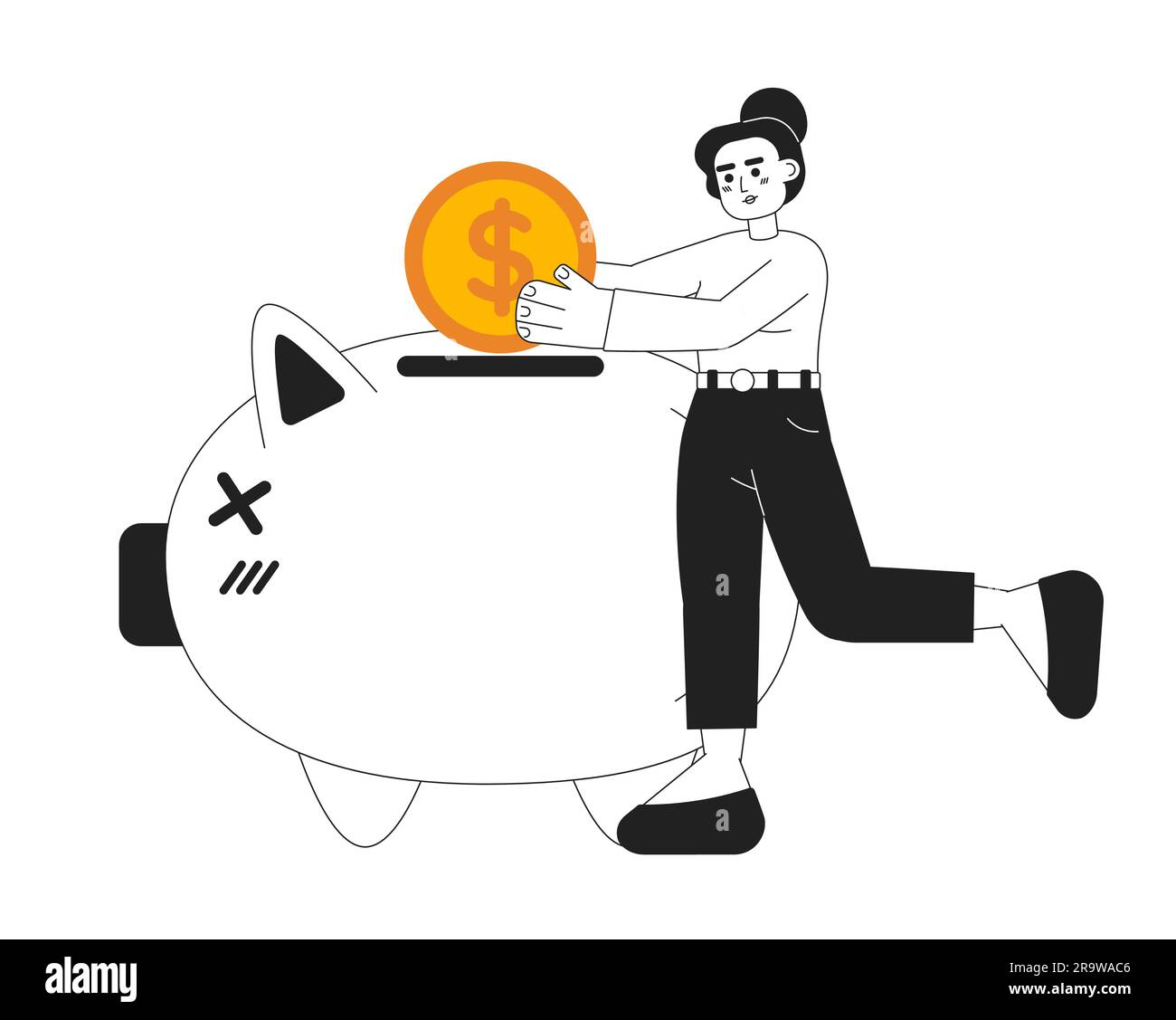 Junge Frau investiert Münze 2D monochrome Einzelpunktanzeige Stock Vektor