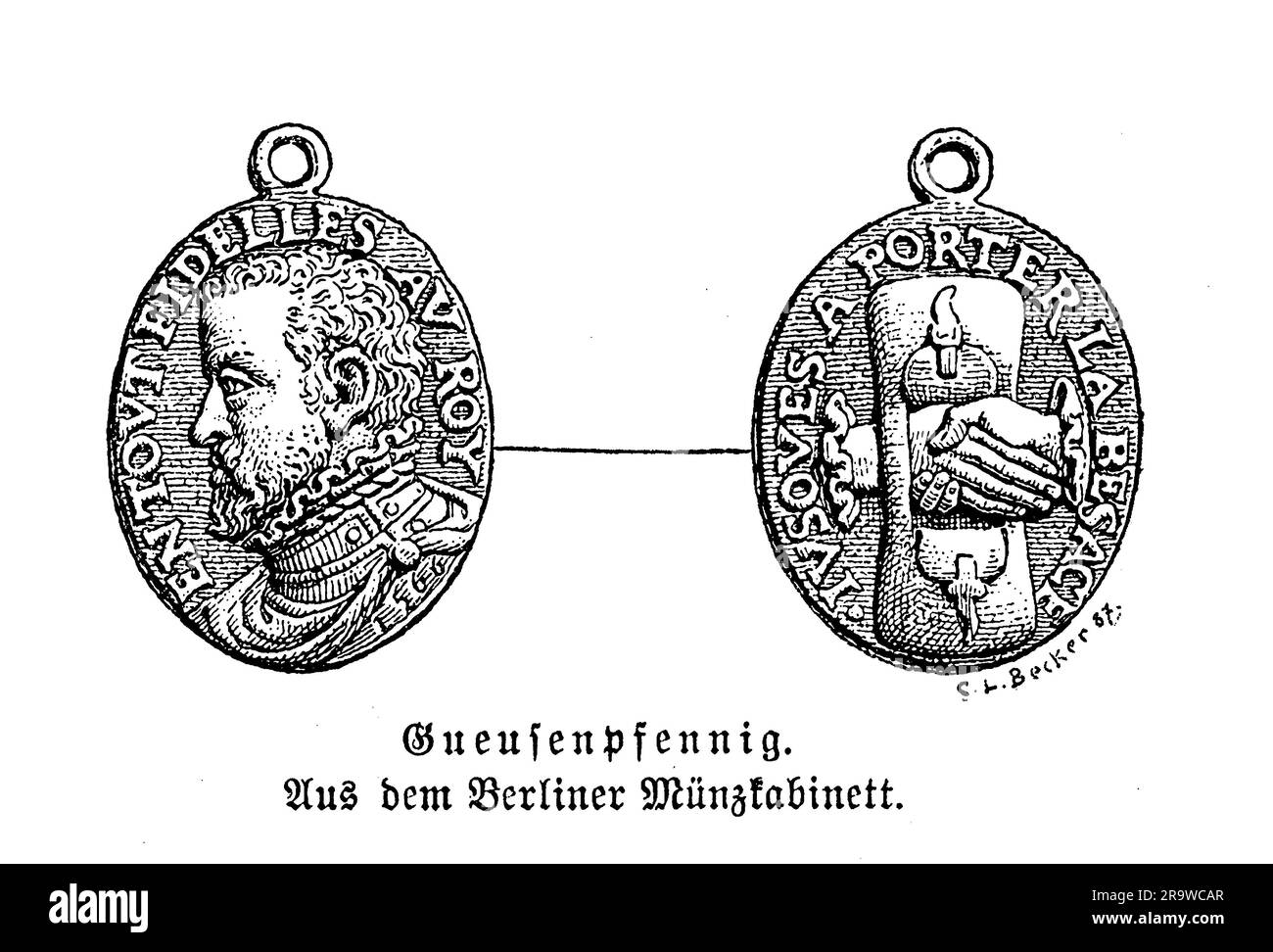 Geusenpfennig, Medaille mit dem Porträt von König Philipp II. Von Spanien, 1566. Auf der Rückseite ein Händedruck auf einem Bettelhaufen Stockfoto