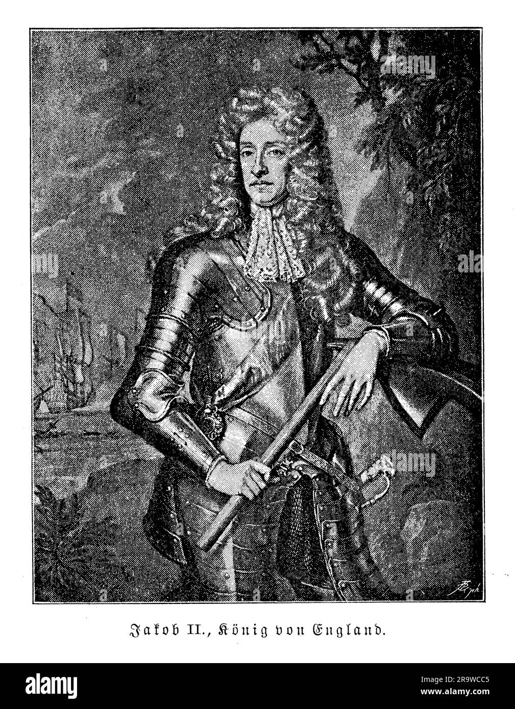 James II. Von England, auch bekannt als James VII von Schottland, war von 1685 bis zu seiner Aussage 1688 während der glorreichen Revolution König von England, Schottland und Irland. James war der jüngere Bruder von Karl II. Und hatte zuvor als Herzog von York und Lord High Admiral der Royal Navy gedient. Als König sah sich James aufgrund seines katholischen Glaubens und seiner Versuche, den Katholizismus in einem überwiegend protestantischen Land zu fördern, einer erheblichen Opposition gegenüber. Seine Politik führte zur Bildung der politischen Parteien Whig und Tory in England und zu seinen Bemühungen, ohne Zustimmung des Parlaments zu regieren Stockfoto