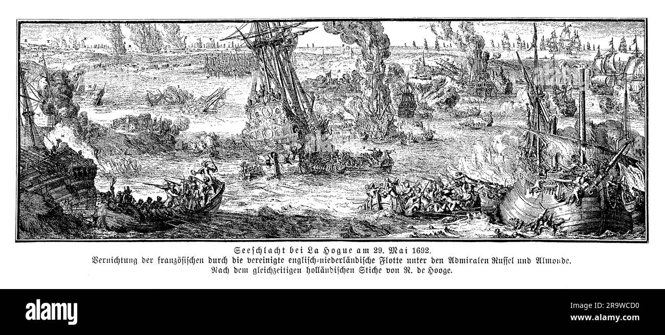 Die Marineschlacht von La Hogue fand am 29. Mai 1692 während des neunjährigen Krieges zwischen England und Frankreich statt. Die englische Flotte, angeführt von Admiral Edward Russell, griff die französische Flotte vor der Küste der Normandie an, was letztlich zu einem englischen Sieg führte. Die Schlacht war ein bedeutender Sieg für England, da sie eine französische Invasion in England verhinderte und die englische Dominanz im Ärmelkanal sicherte. Die französische Flotte erlitt schwere Verluste, darunter der Verlust mehrerer Schiffe, während die englische Flotte relativ geringe Verluste erlitt. Die Schlacht bedeutete das Ende der französischen Marineambitionen Stockfoto