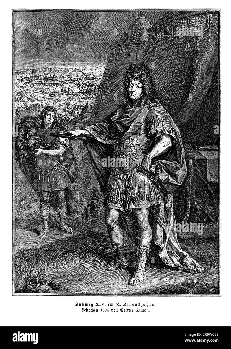 Ludwig XIV. Von Frankreich, hier in einem Porträt mit 51 Jahren, auch bekannt als Sonnenkönig, war ein Monarch, der Frankreich von 1643 bis zu seinem Tod im Jahr 1715 regierte. Er ist am besten bekannt für seinen großzügigen Hof am Schloss von Versailles, den er in das Zentrum des politischen und kulturellen Lebens in Frankreich verwandelt hat. Ludwig XIV. War ein absoluter Monarch, der die Macht am königlichen Hof zentralisierte und eine starke nationale Identität durch seine Schirmherrschaft der Künste und seine militärischen Eroberungen förderte. Er führte mehrere Kriege, darunter den französisch-niederländischen Krieg und den Krieg der spanischen Nachfolge, um das französische Territorium zu erweitern Stockfoto