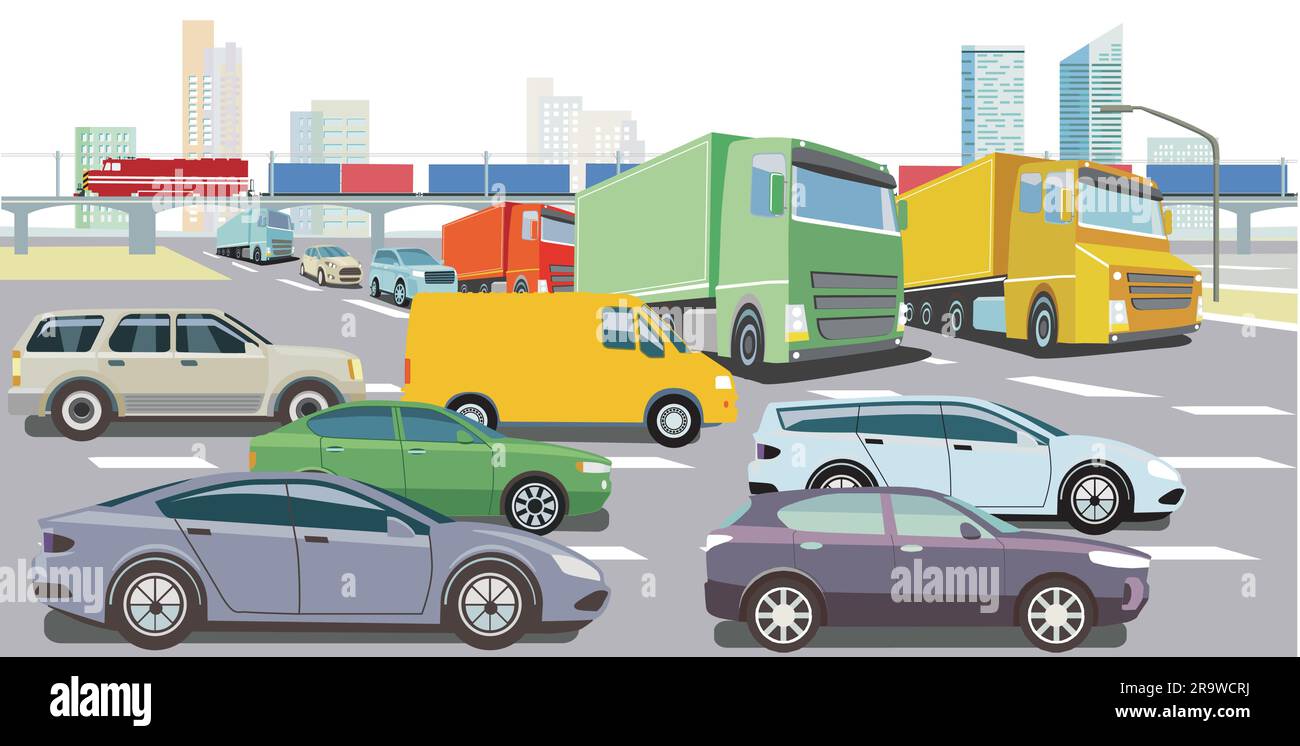 Abbildung: Auto und Lkw an der Kreuzung im Stau Stock Vektor