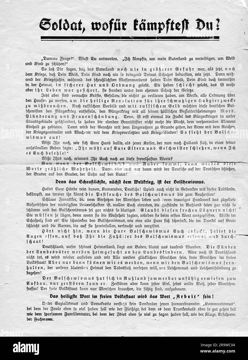 Deutsche Revolution 1918 - 1919, antikommunistischer Handzettel, "Soldat, wofür kämpfen Sie?", ZUSÄTZLICHE-RECHTE-FREIGABE-INFO-NICHT-VERFÜGBAR Stockfoto