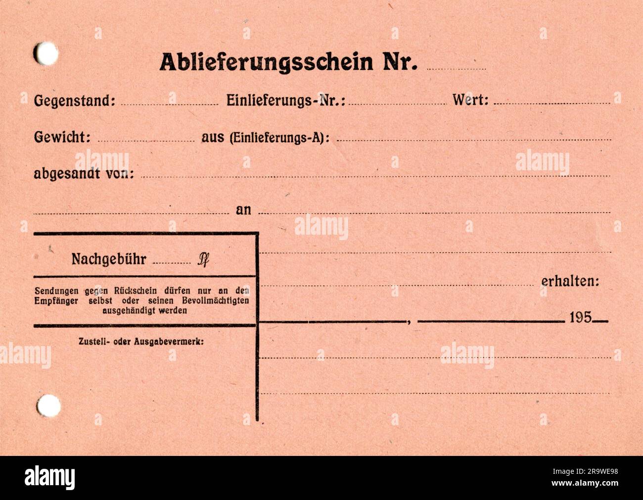 Post, Formular, deutsches Bundespostamt, Lieferschein, 1953, ADDITIONAL-RIGHTS-CLEARANCE-INFO-NOT-AVAILABLE Stockfoto