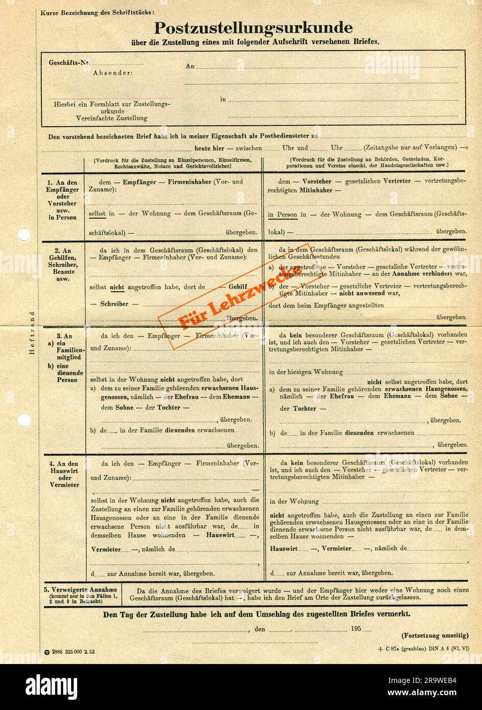 Post, Formular, Bundespostamt, Diensterklärung, Rückseite, für Ausbildungszwecke, 1953, ADDITIONAL-RIGHTS-CLEARANCE-INFO-NOT-AVAILABLE Stockfoto