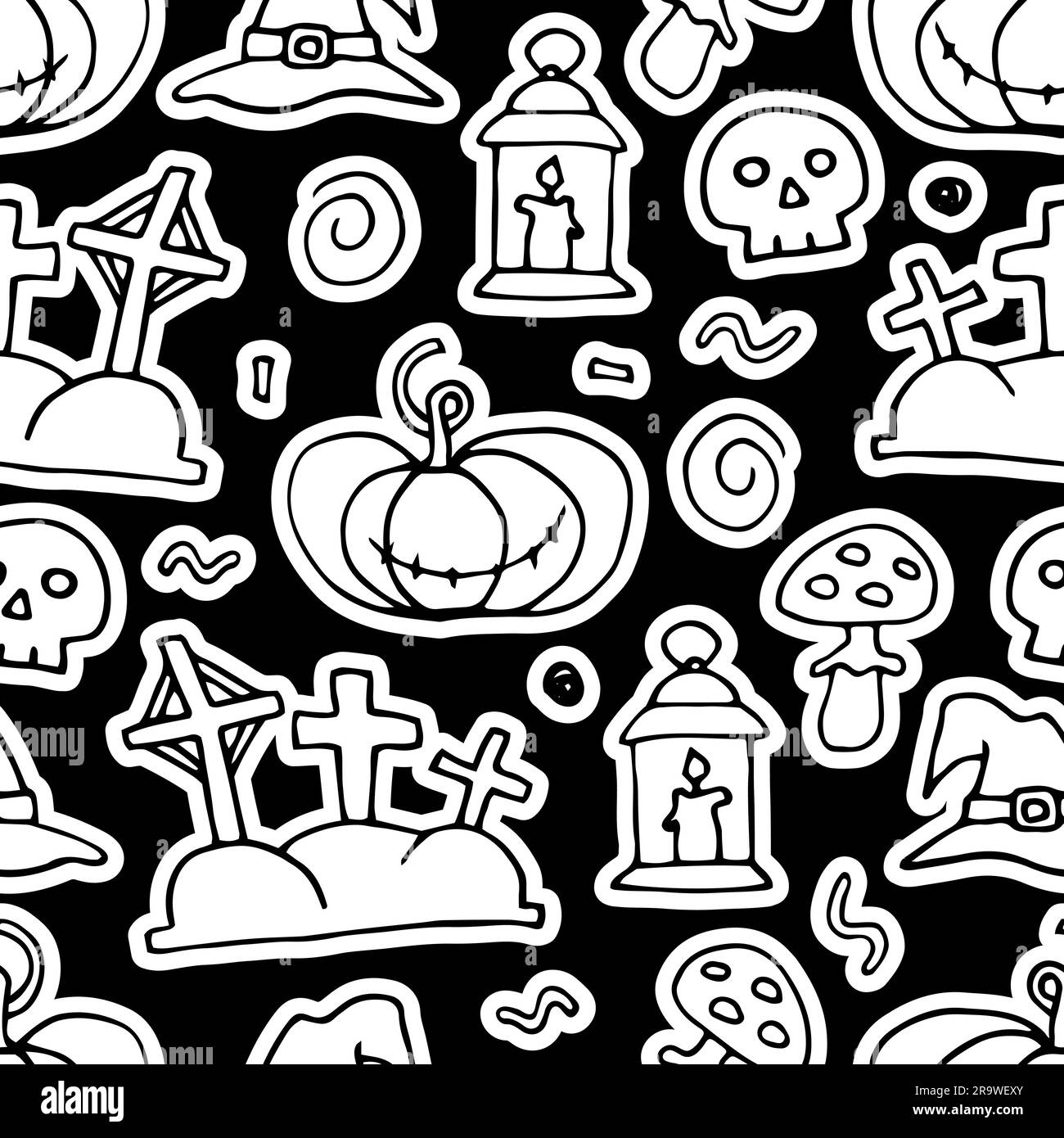 Doodle Halloween Nahtloses Muster. Weißer, handgezeichneter HerbstKürbis, Grab, Schädel, Hexenhut auf schwarzem Hintergrund. Süßer gruseliger Horroraufkleber für die Herbstschwuchtel Stock Vektor