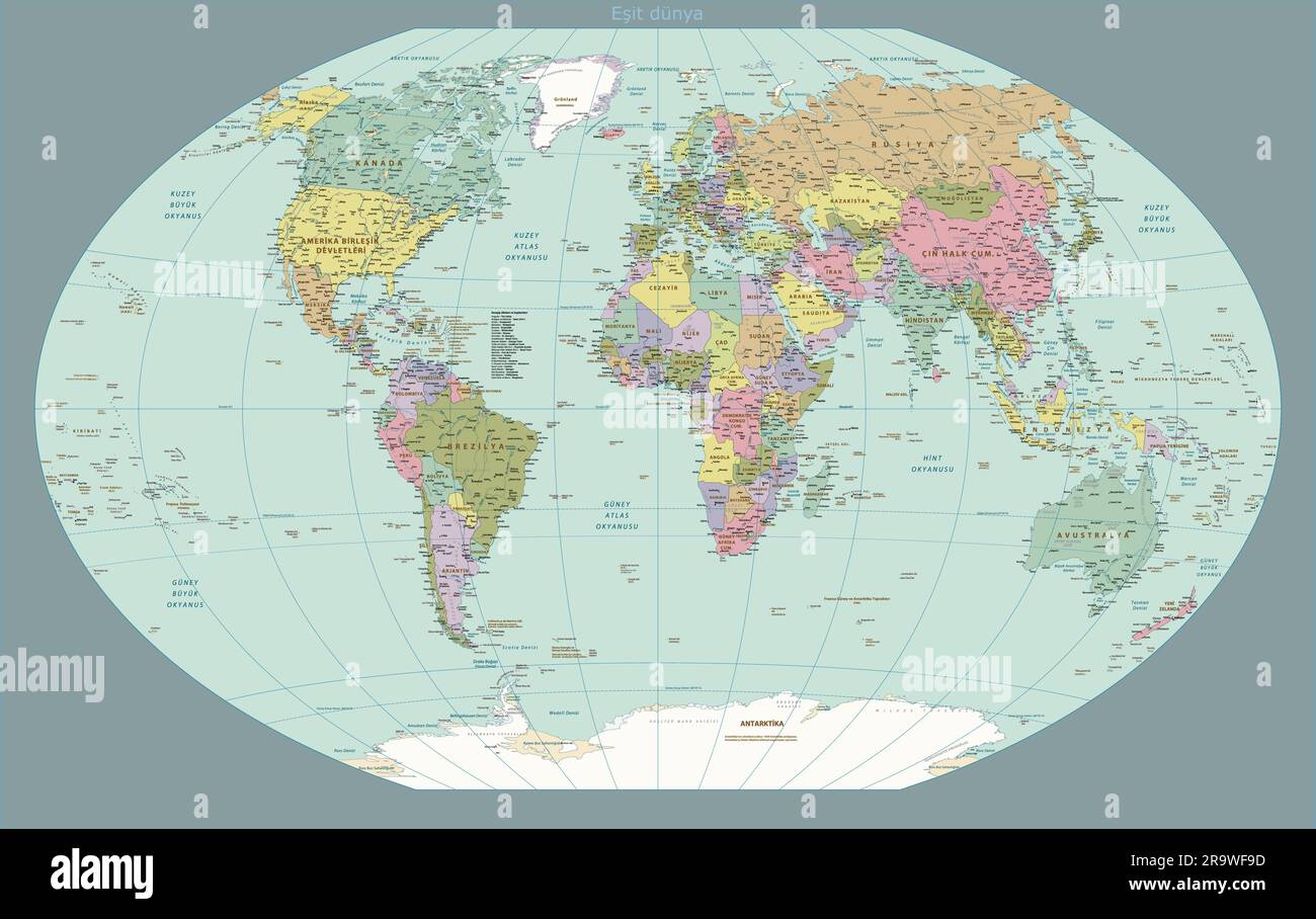 Weltkarte politische türkische Sprachversion Winkel-Tripel-Projektion Stock Vektor