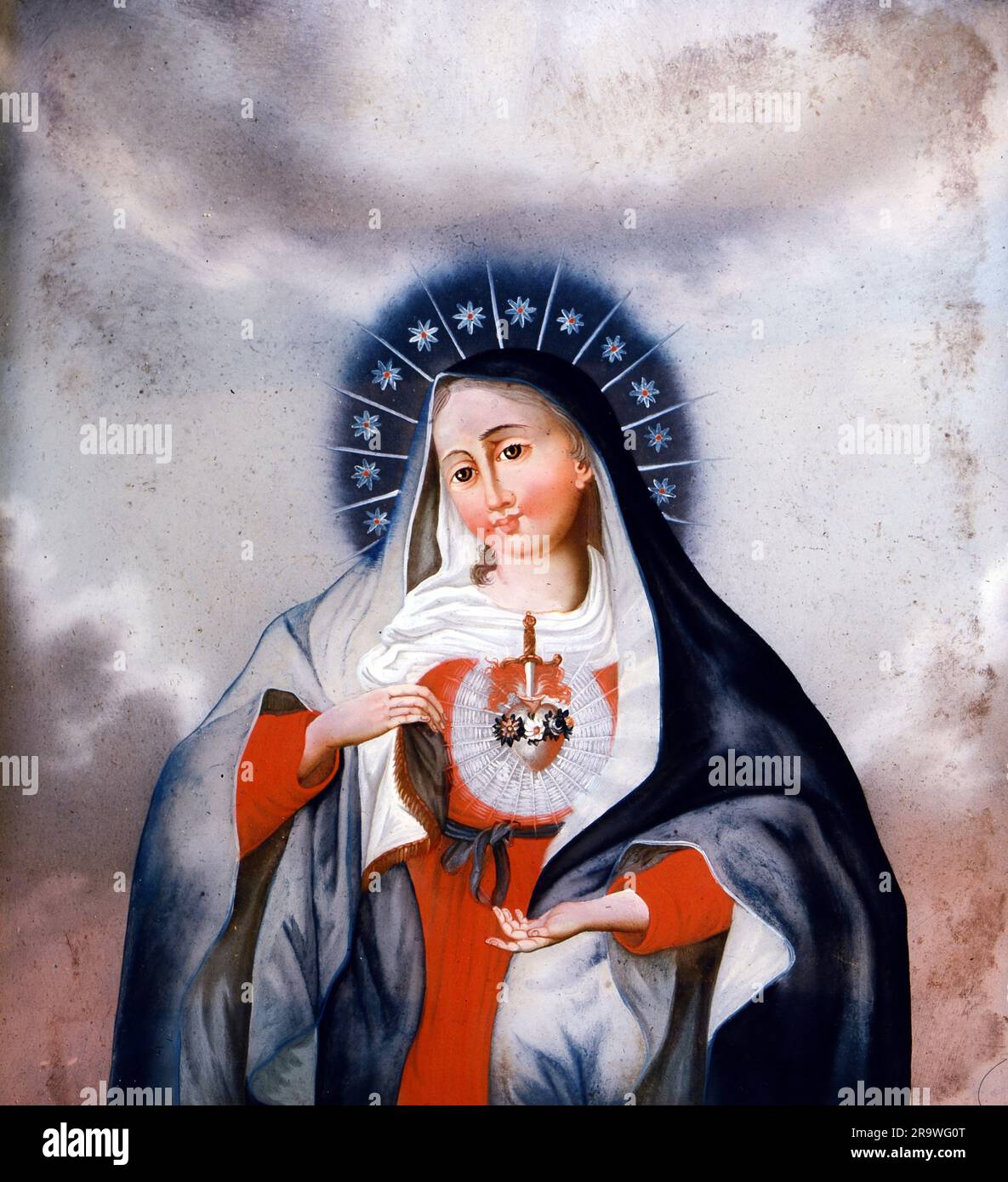 Religion, Christentum, Madonna/Maria mit Kind, Our Lady of Sorrows, umgekehrte Malerei auf Glas, ZUSÄTZLICHE-RECHTE-FREIGABE-INFO-NICHT-VERFÜGBAR Stockfoto