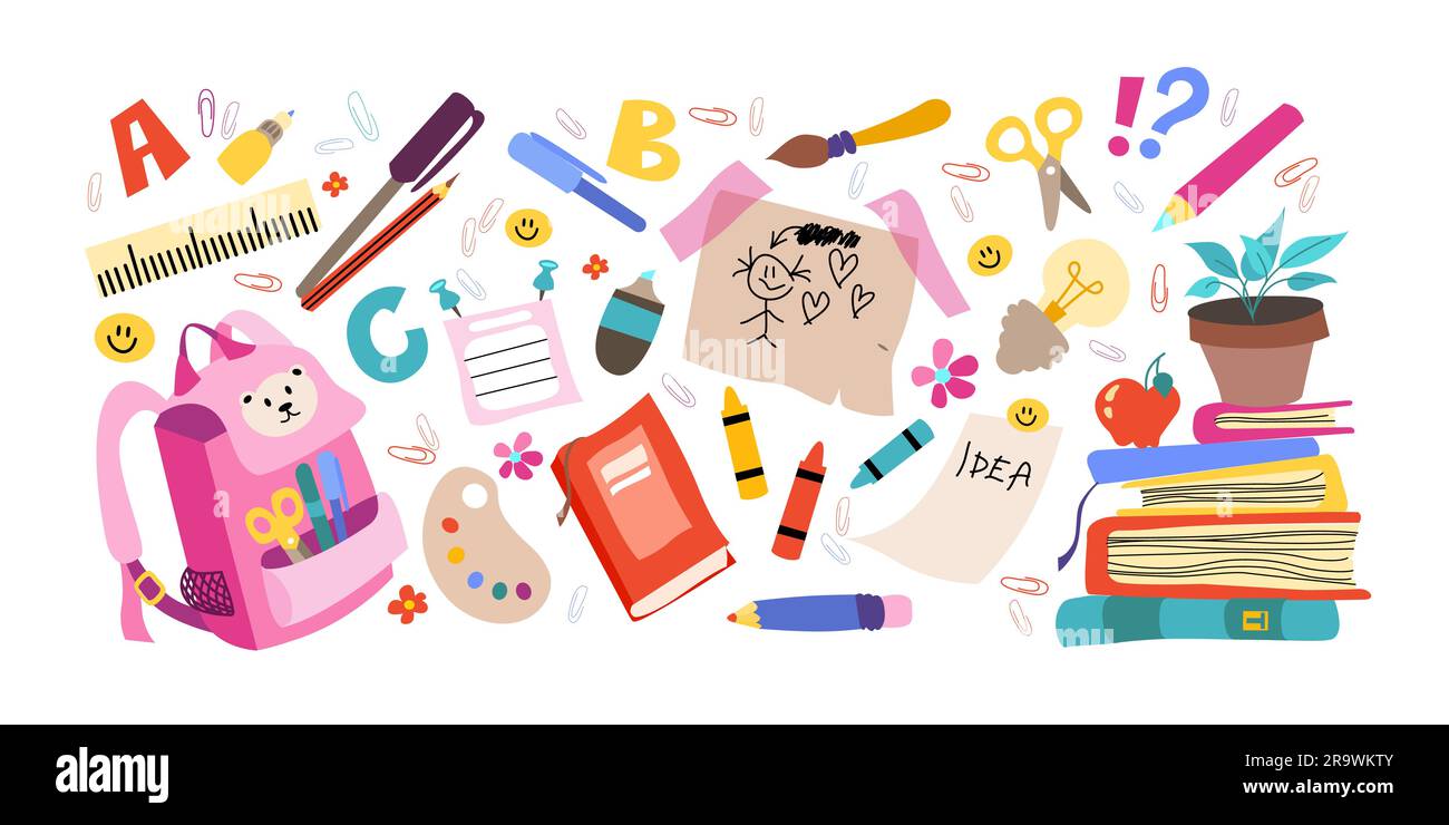 Schulzubehör Set mit Vektorrucksack, Bleistiften, Pinseln, Farben, Lineal, Bücher und Klebstoff. Zurück in die Schule. Stock Vektor
