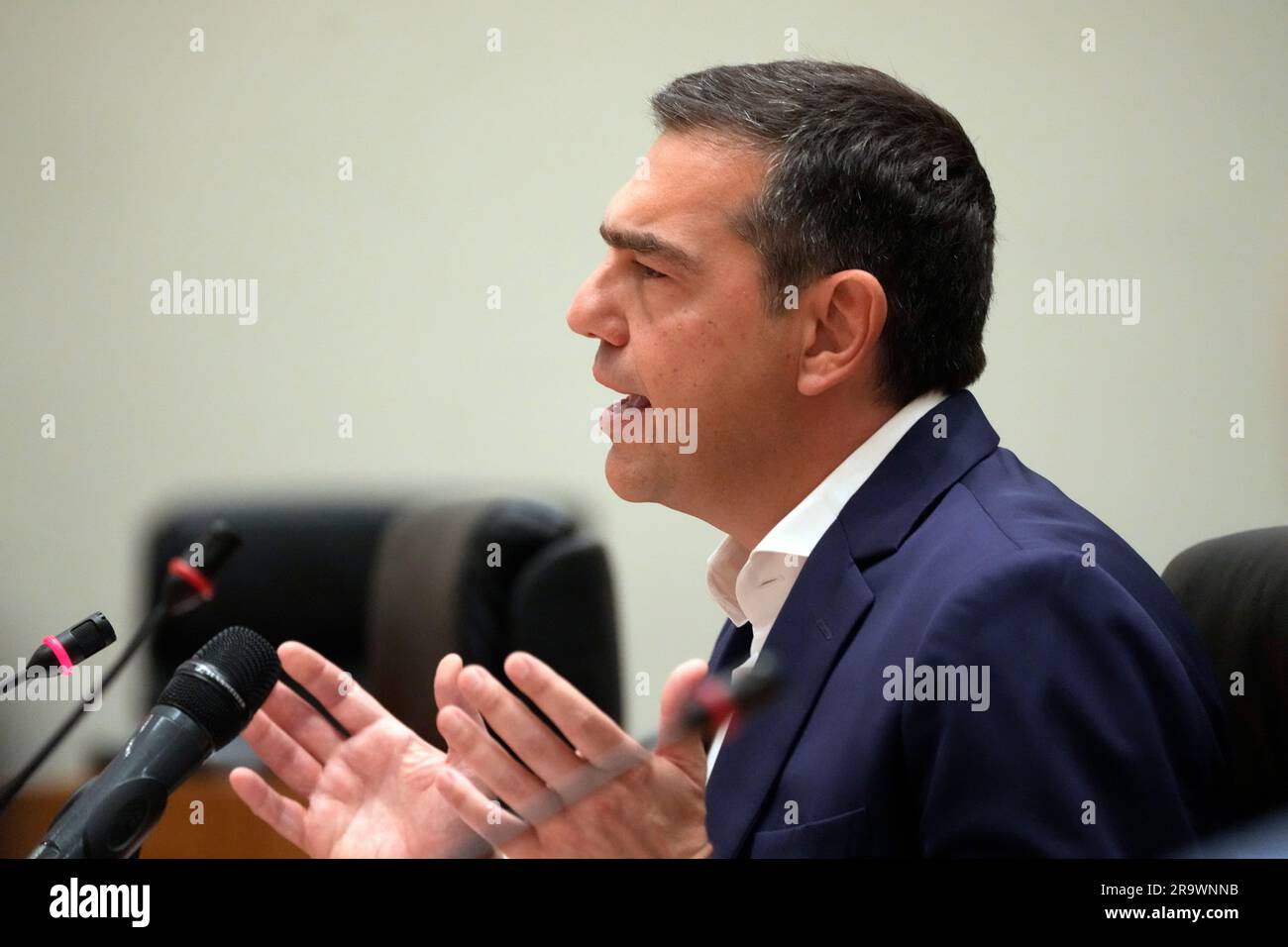 Opposition leader Alexis Tsipras, head of the left-wing Syriza party speaks at Zappeio Conference Hall in Athens, Greece, Thursday, June 29, 2023. Tsipras has announced his decision to step down after a crushing election defeat. The 48 year-old politician served as Greece's prime minister from 2015 to 2019 during politically tumultuous years as the country struggled to remain in the euro zone and end a series of international bailouts. (AP Photo/Petros Giannakouris) Stockfoto