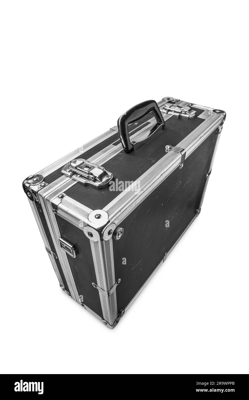 Ein altes, gebrauchtes Aluminium-Fotofliegengehäuse, das mehrmals um die Welt in vielen verschiedenen Ländern gereist ist Stockfoto