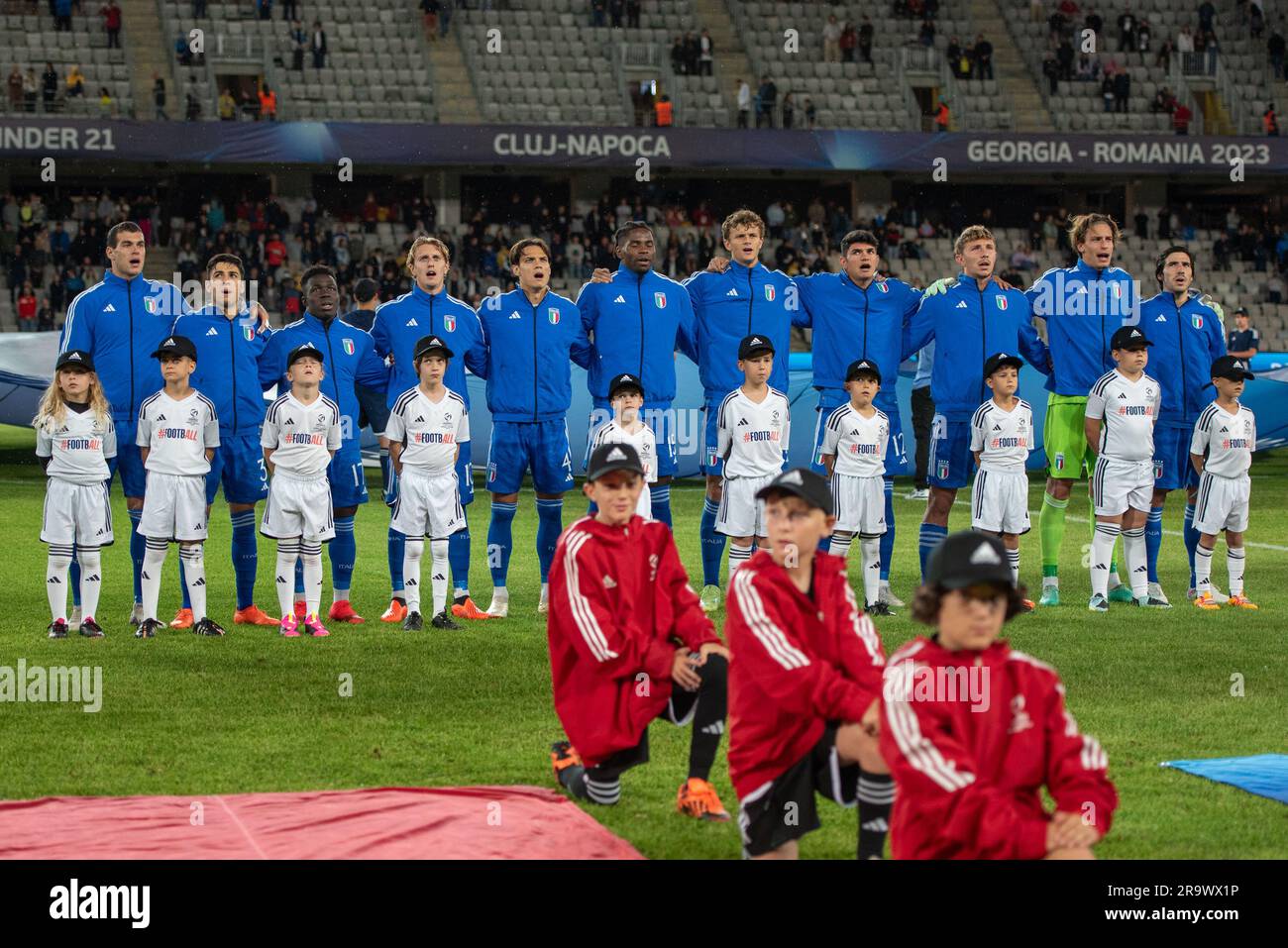 Cluj Napoca, Rumänien. 28. Juni 2023. Das Italien U21-Team während der dritten Qualifikationsrunde UEFA European under-21 Championship 2023-Fußballspiel Schweiz U21 gegen Frankreich U21 im CFR Cluj Stadium in Cluj Napoca, Rumänien, 28. Juni 2023 Kredit: Independent Photo Agency/Alamy Live News Stockfoto