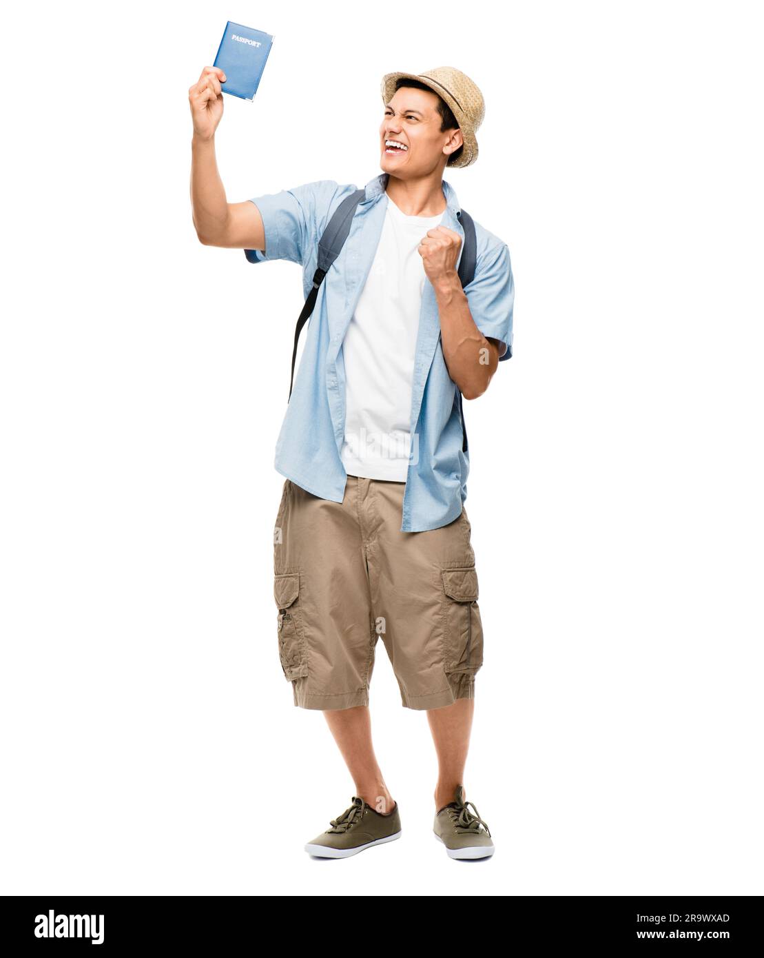 Reisepass, Reisepass und Begeisterung für Urlaub, Urlaub oder Tourismus auf weißem Studiohintergrund für Abenteuer oder Flug. Flughafen, Dokument und Person Stockfoto