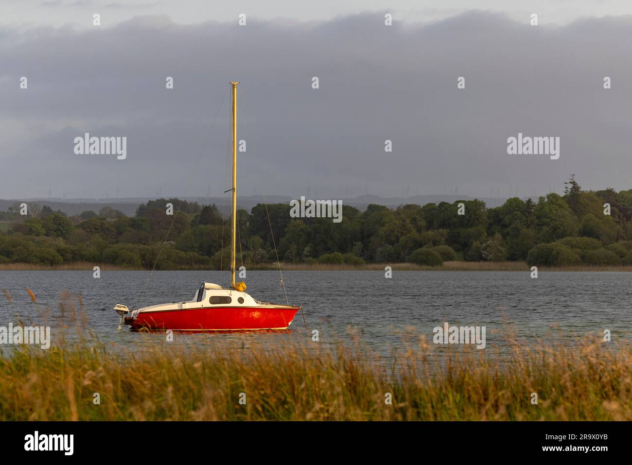 Segelboot mit starker roter Farbe, Lake Lough Rea, Loughrea, Galway, Irland Stockfoto