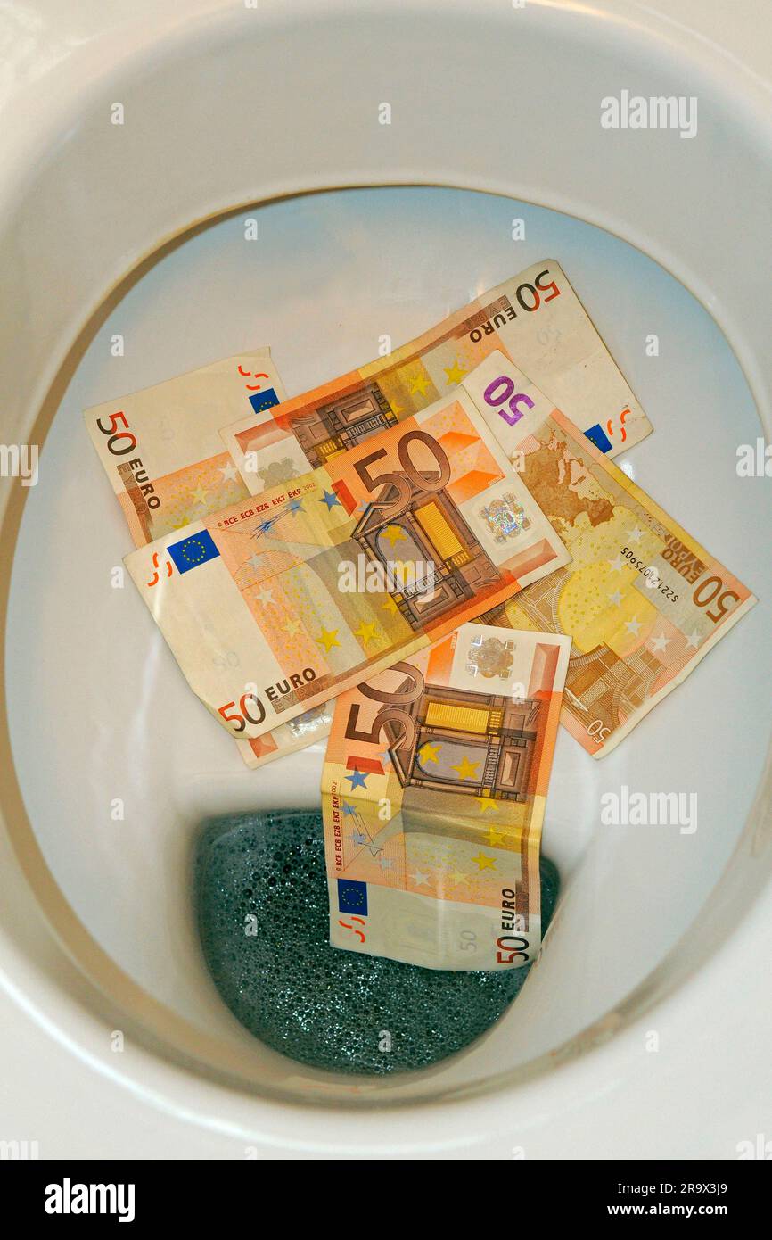 Euro-Scheine in der Toilette, Geldverschwendung, Toilette Stockfoto