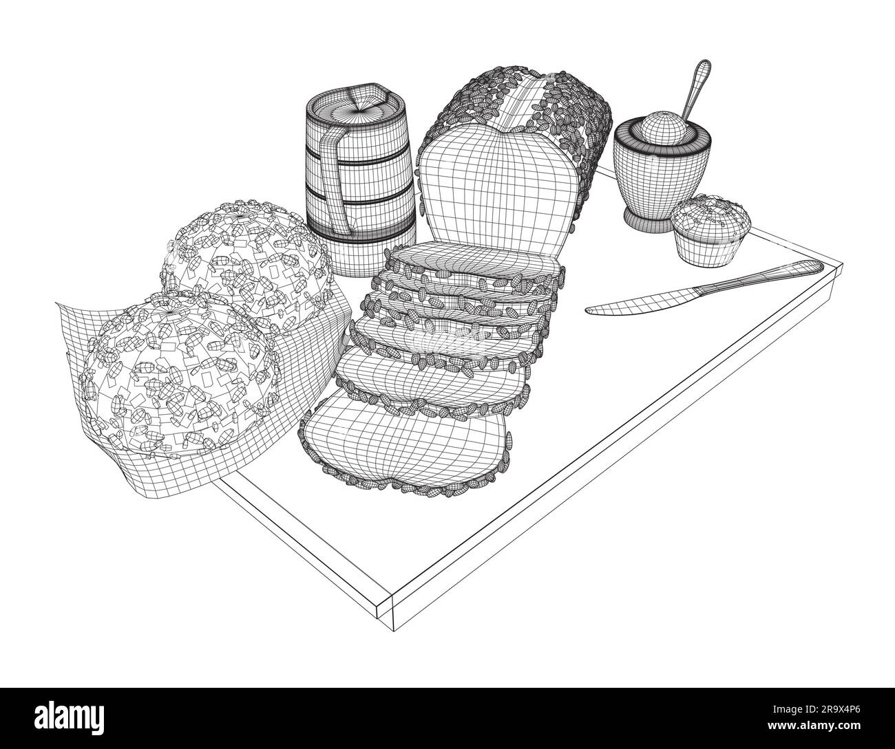 Zeichnungen im Frühstücksstil mit Drahtmodellen. Von Hand gezogenes Vector-Frühstück. Eine Kanne Milch, eine Kaffeekanne, eine Tasse, Saft, ein Sandwich. Pfannkuchen, Toast mit Marmelade zum Desig Stock Vektor