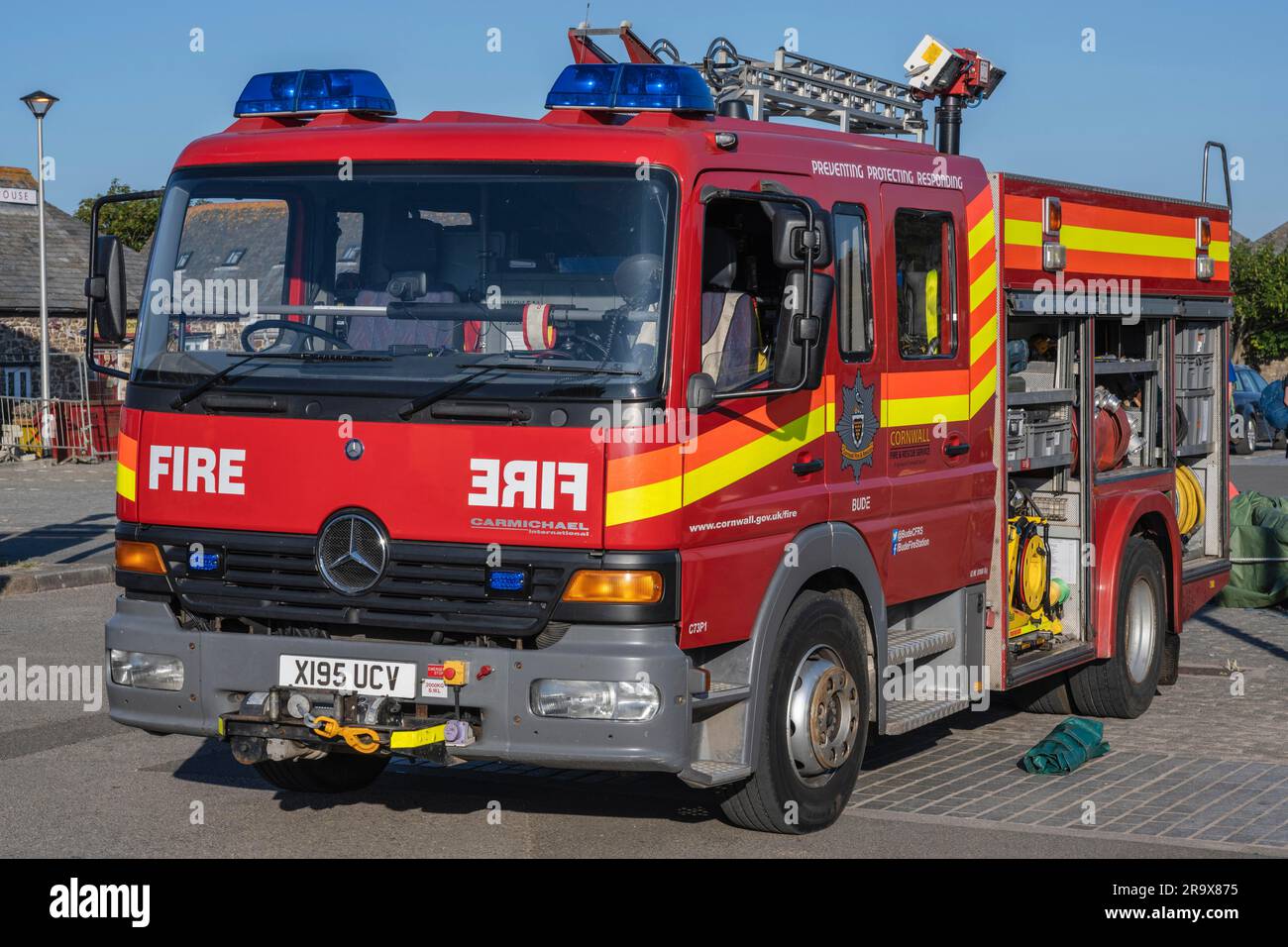 Mercedes-Benz Atego Feuerwehr, Feuerwehrwagen, Bude, North Cornwall, England, Großbritannien Stockfoto