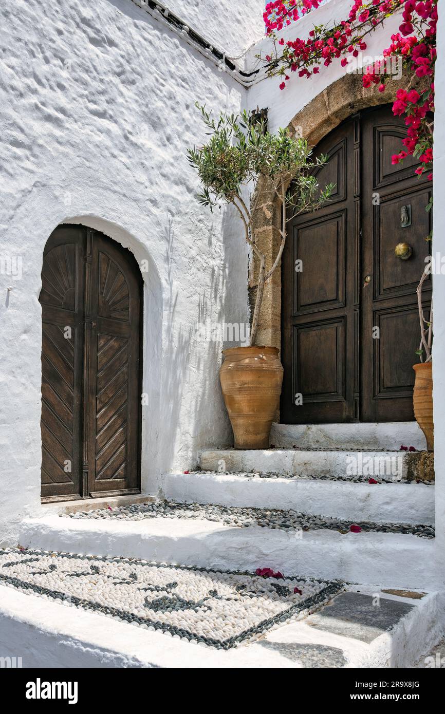 Kübelpflanzen neben einerm alten Holztor in Lindos auf Rhodos Stockfoto