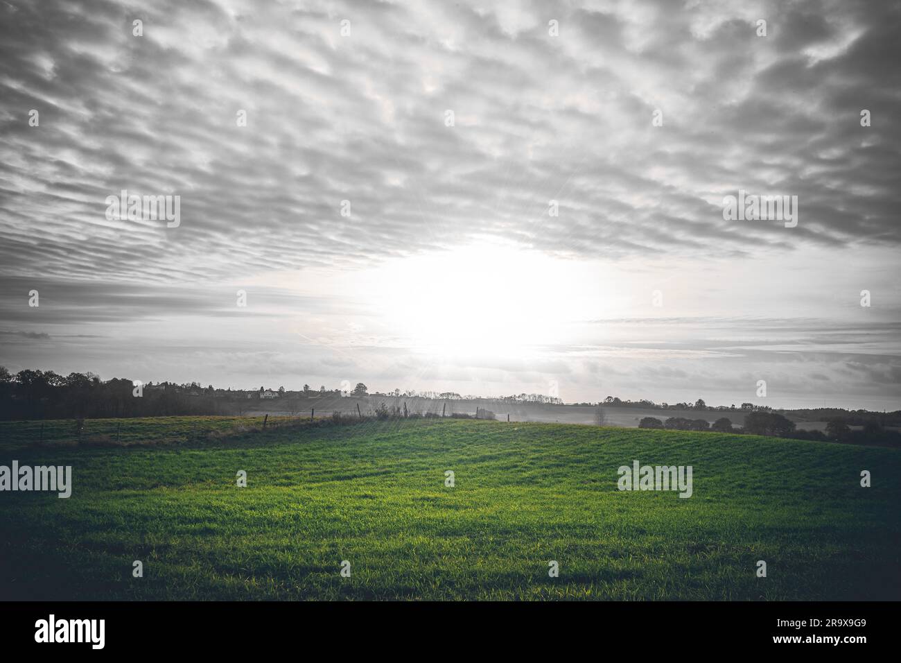 Landschaft mit grünen Wiesen und bewölktem Himmel in einer ländlichen Umgebung auf eine Landschaft mit einem Zaun Sonnenaufgang Stockfoto